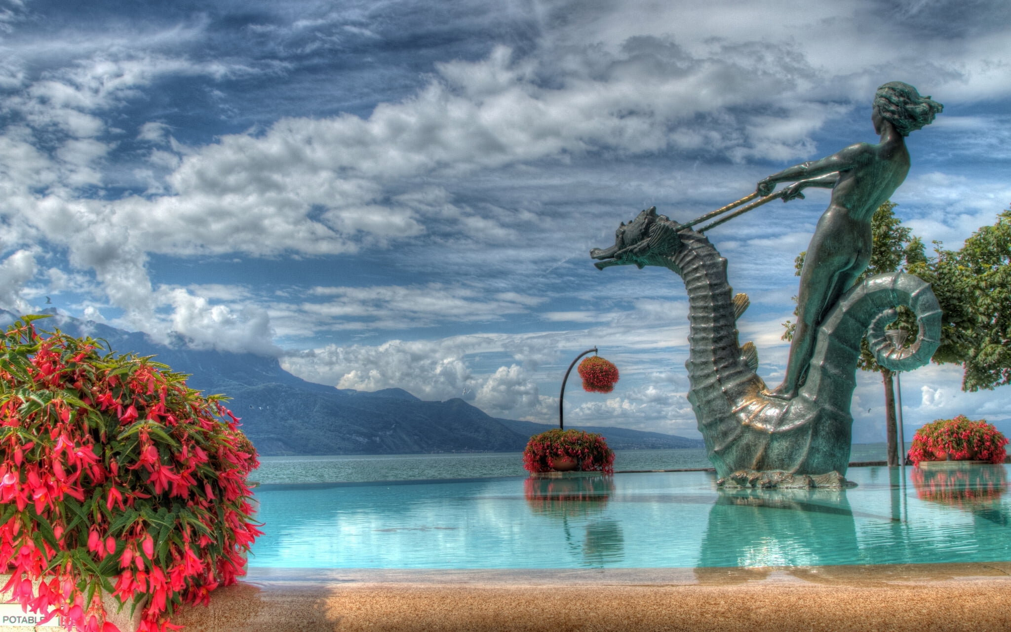 Vevey, beauty in nature, Lake Geneva, tree, no people, plant, landscape, travel, fountain, reflection, seahorse, Switzerland, travel destinations, tranquility, HD Wallpaper