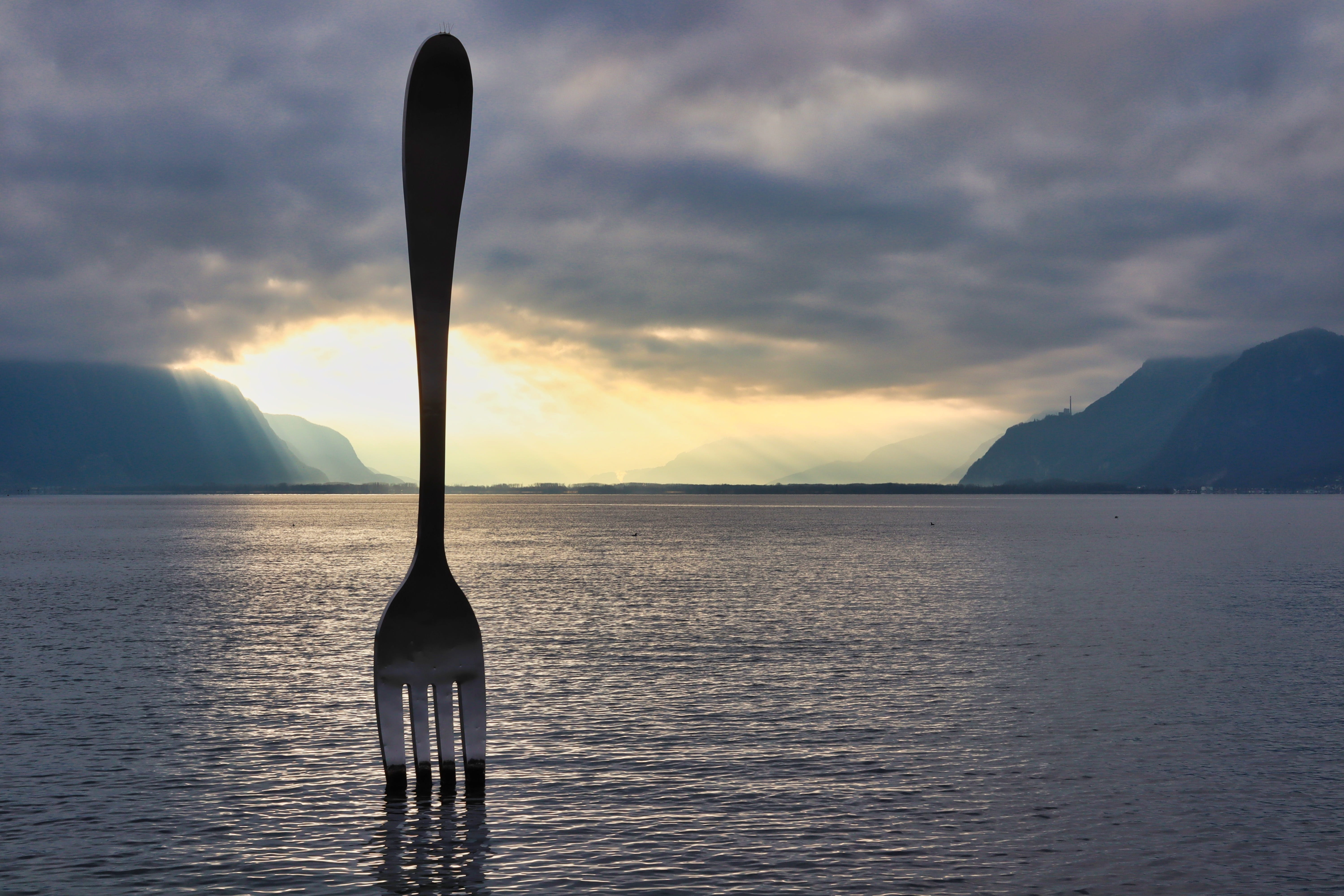 sky, sculpture, art, cloud - sky, scenics - nature, vertebrate, the fork, lake, vevey, waterfront, no people, outdoors, sea, sunset, mountain, mood, animals in the wild, HD Wallpaper