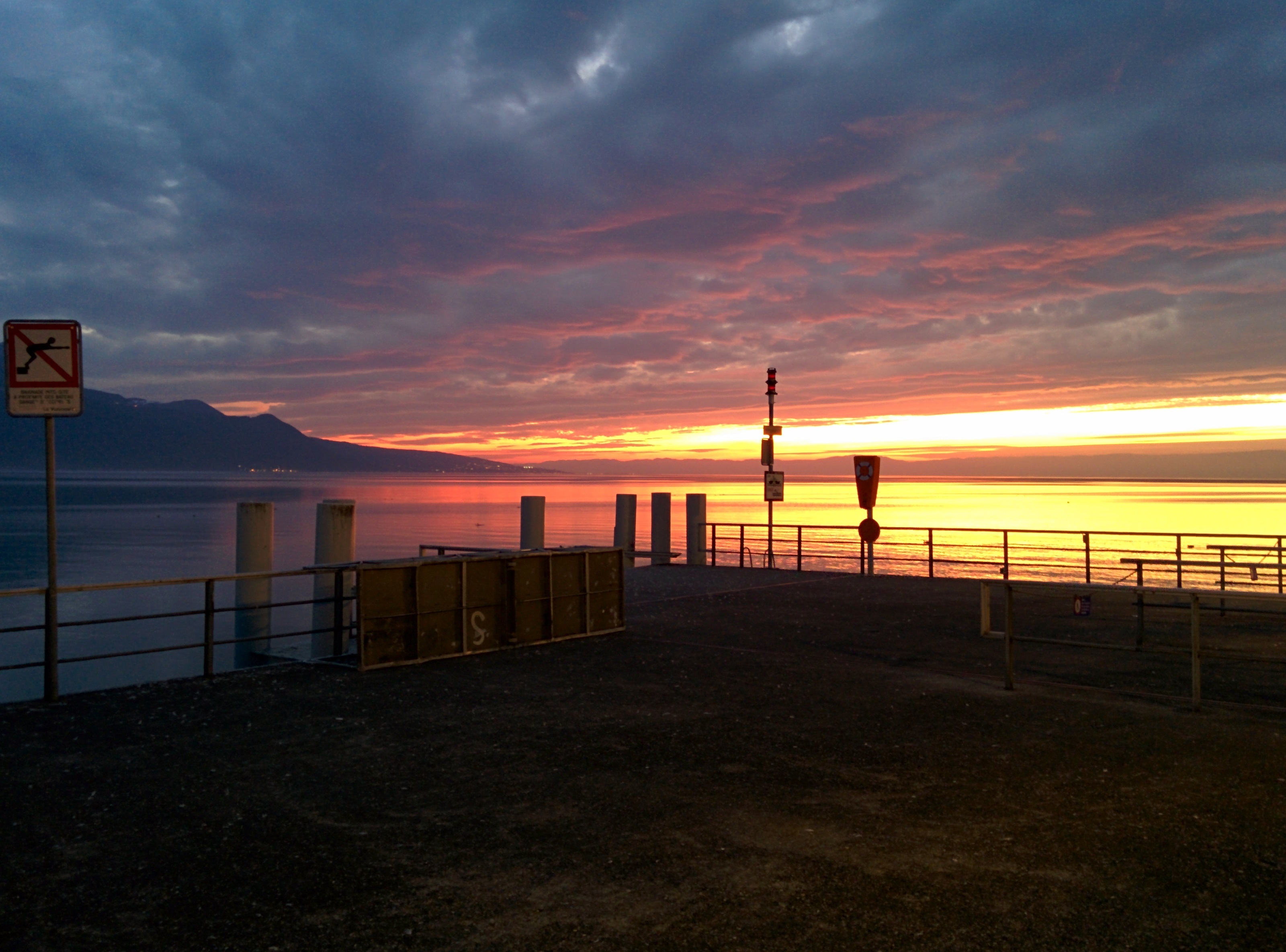 sea, railing, nature, outdoors, sunset, lake geneva, horizon, beauty in nature, non-urban scene, vevey, tranquility, 2K, switzerland, orange color, sky, HD Wallpaper