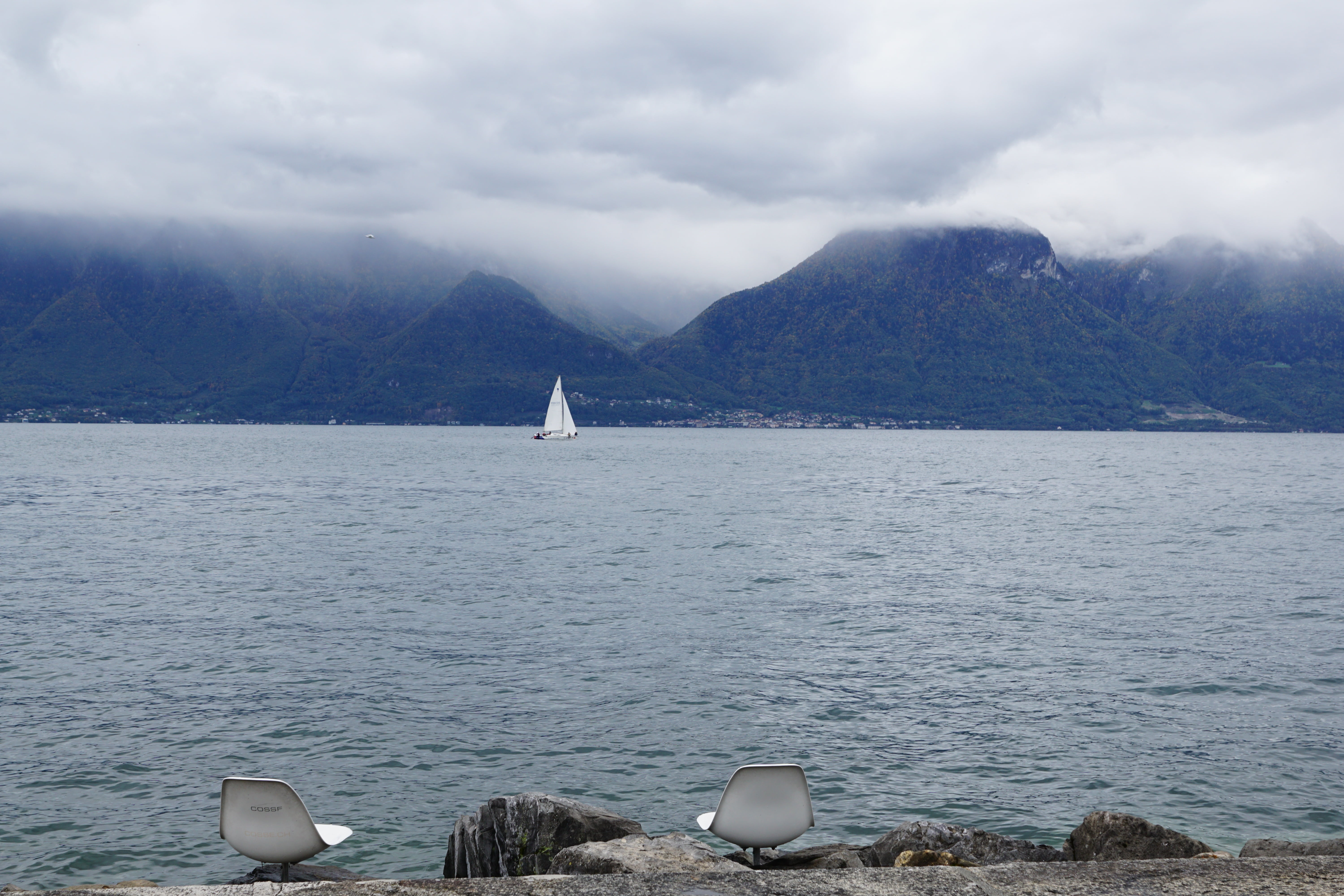 no people, lake geneva, outdoors, travel, sky, sailing, mountains, tranquility, tourism, beauty in nature, fog, nautical vessel, sail, mountain range, sailboat, HD Wallpaper