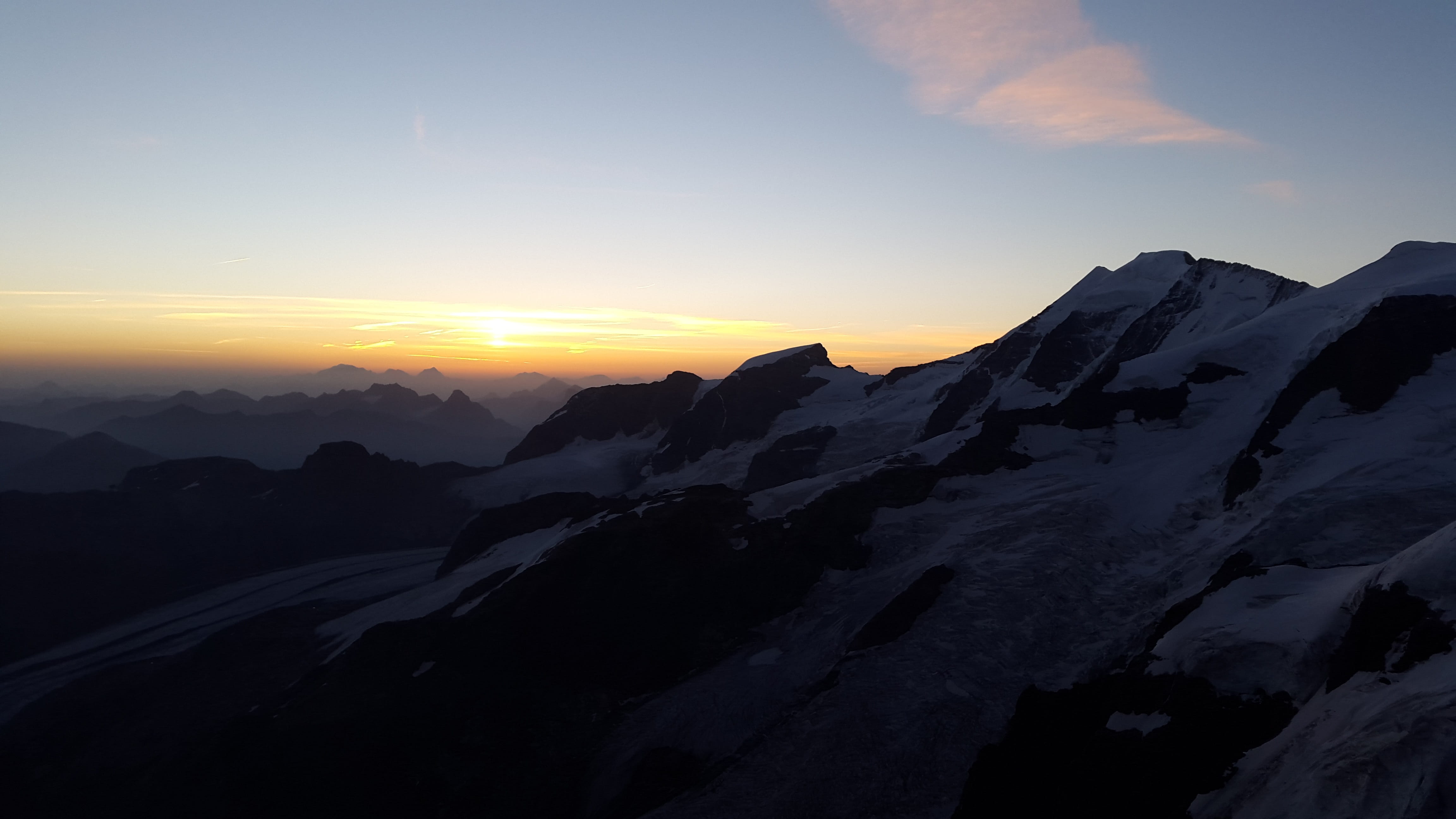 mountain, landscape, sunset, nature, beauty in nature, sky, outdoors, high mountains, glacier, 4K, switzerland, sun, idyllic, dramatic landscape, non-urban scene, HD Wallpaper