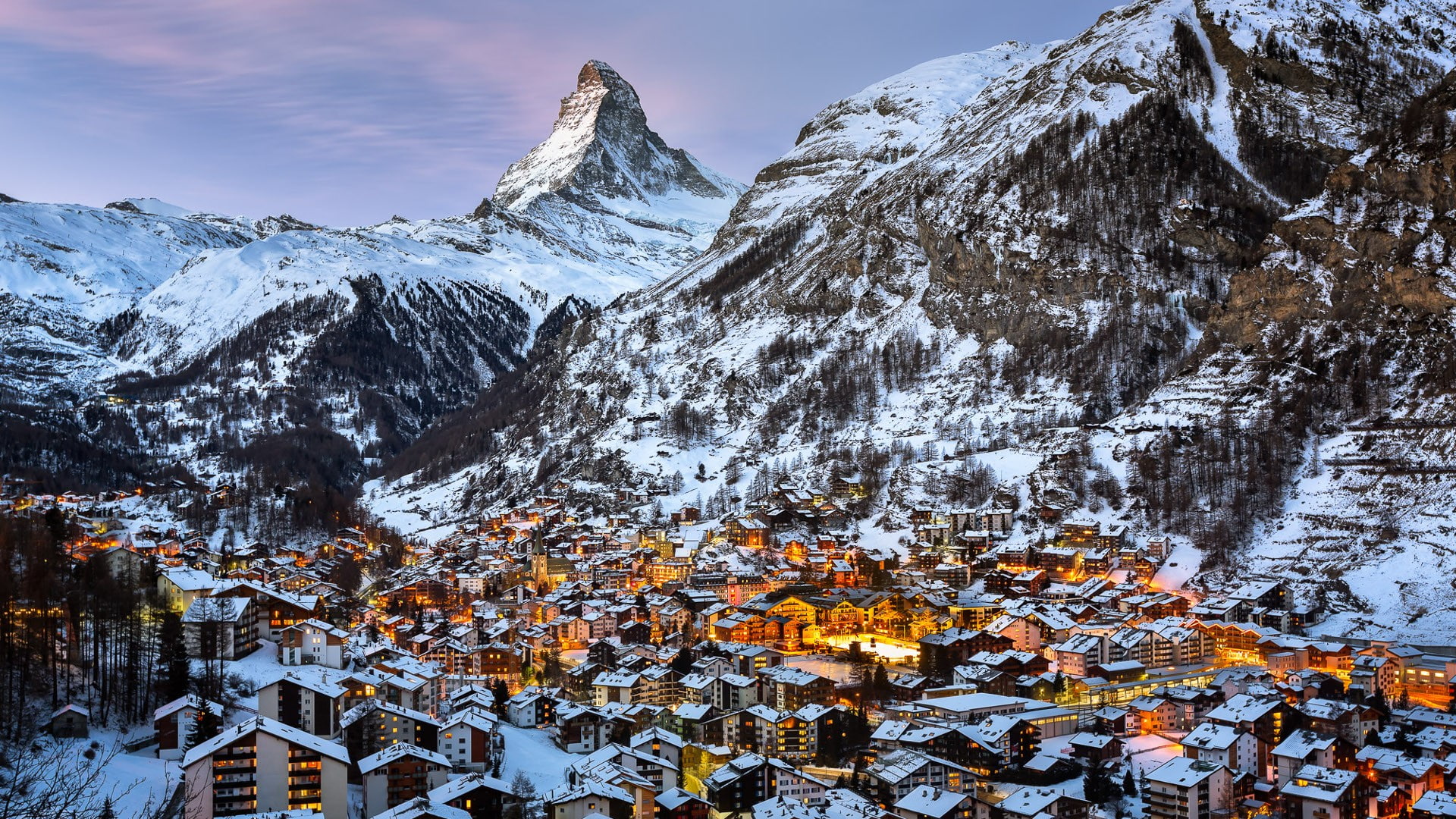 mountain, snow, Zermatt, Matterhorn, town, 1080P, Switzerland, winter, HD Wallpaper
