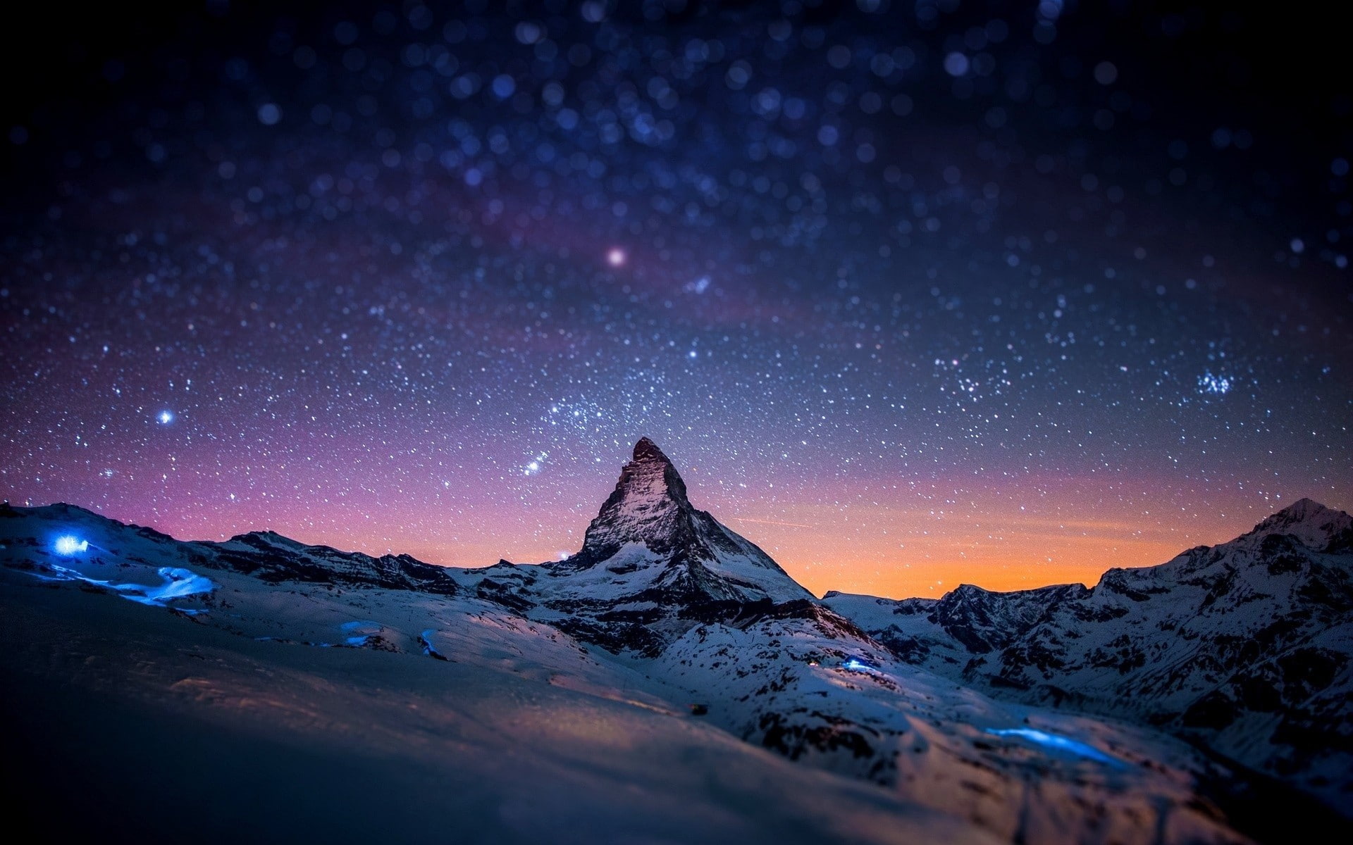 Snowy Peak, sunrise, Toblerone, clouds, sunset, 1080P, Matterhorn, mountains, sky, stars, HD Wallpaper