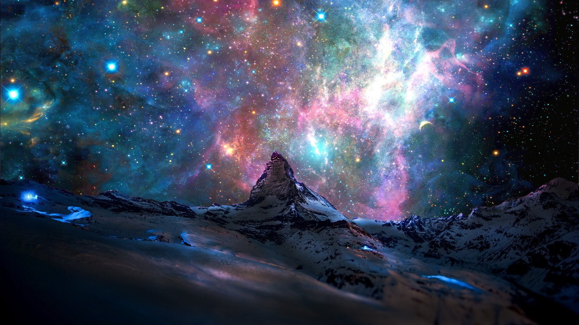 digital art, nebula, snow, landscape, nature, colorful, space art, Matterhorn, space, mountains, 1080P, stars, snowy peak, HD Wallpaper