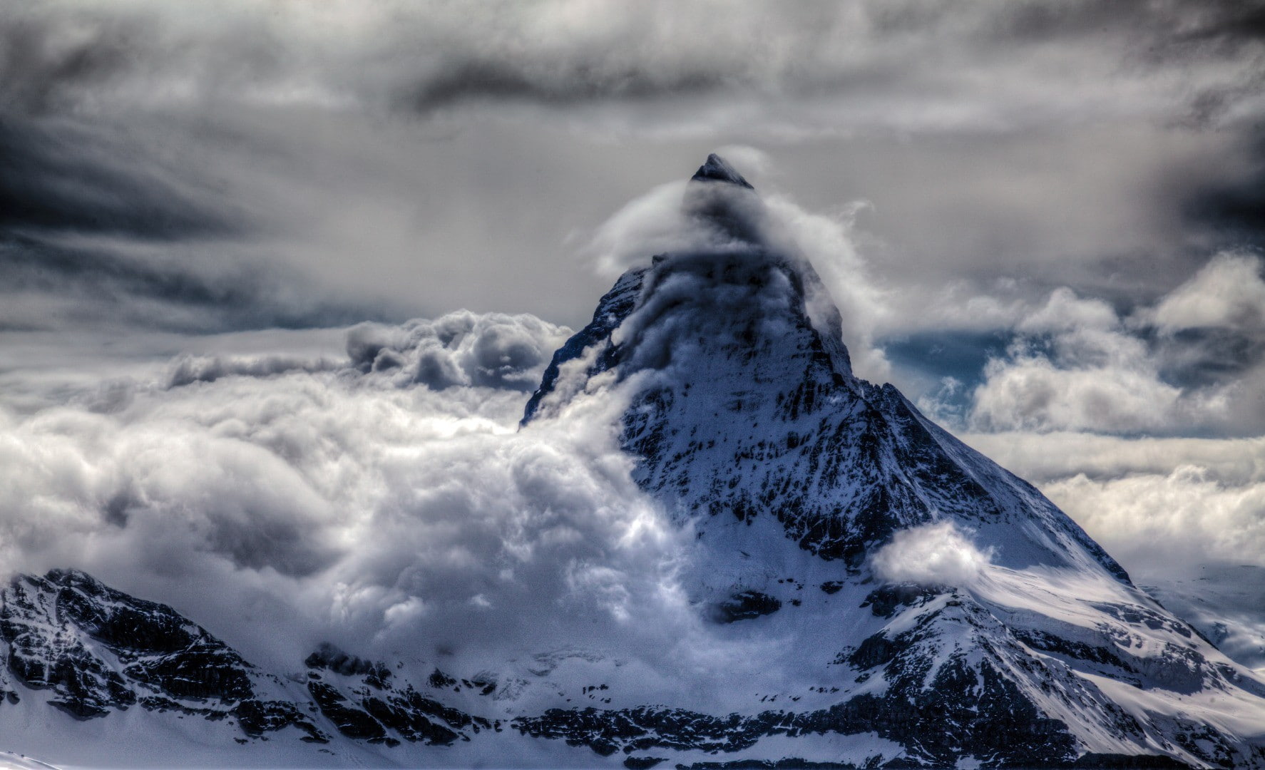Switzerland, nature, clouds, mountains, winter, 720P, landscape, Matterhorn, snowy peak, photography, HD Wallpaper