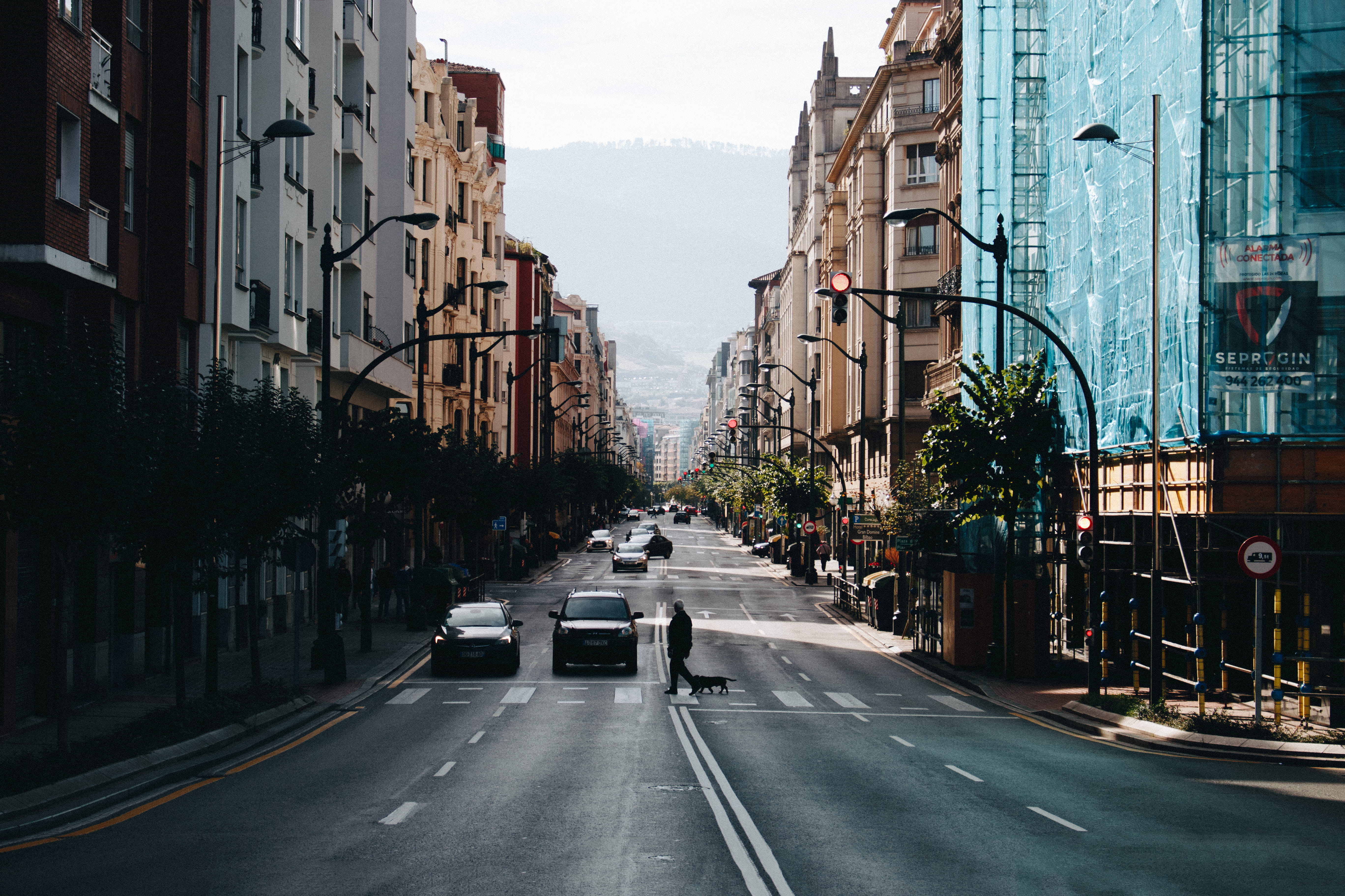 vizcaya, direction, city life, trafficlight, building exterior, sky, city, buildings, puente de la salve, 5K, residential district, zebra crossing, transportation, HD Wallpaper
