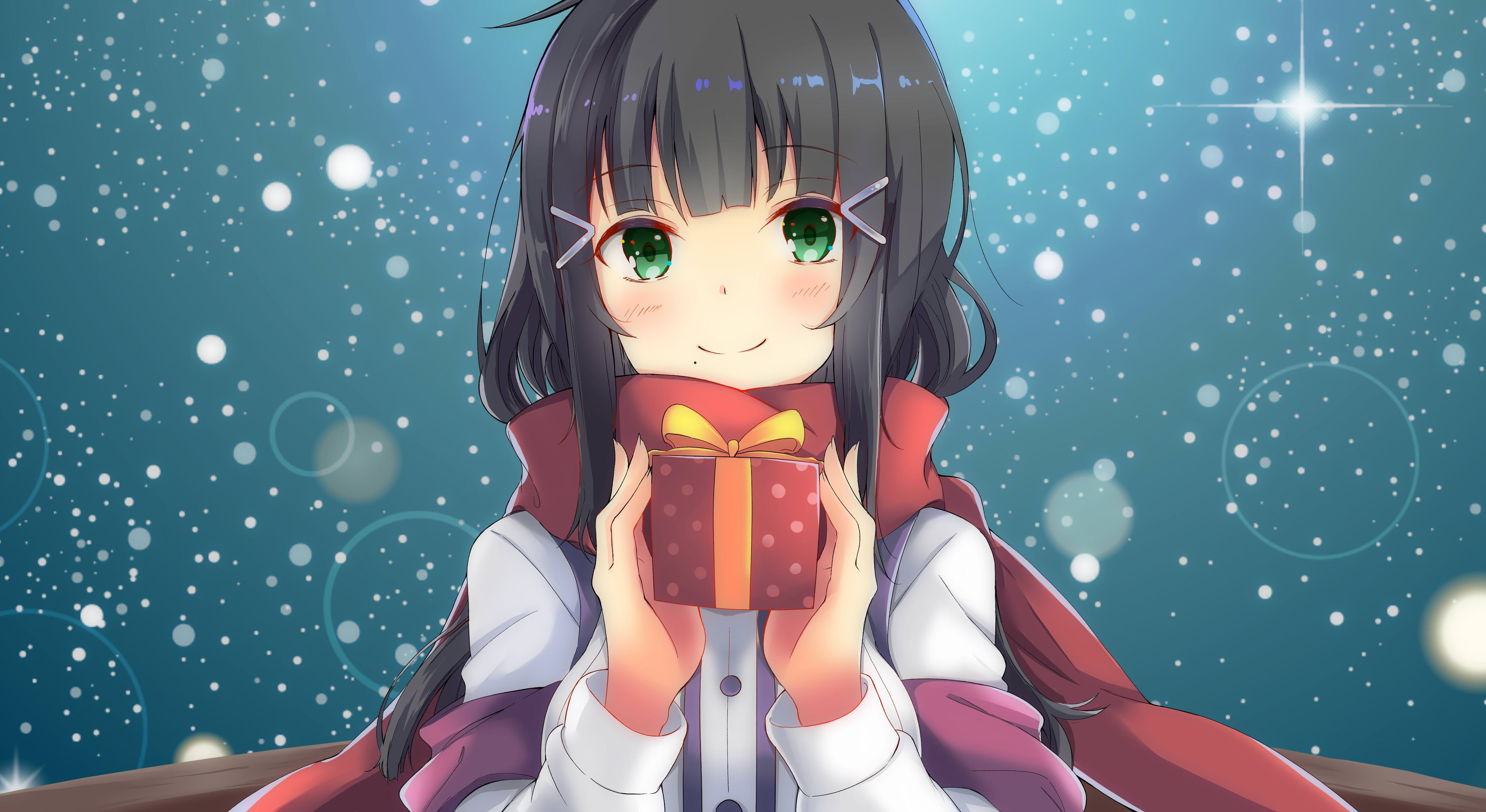 Xmas gift, Anime girl, Winter, 4K, 4K, HD Wallpaper