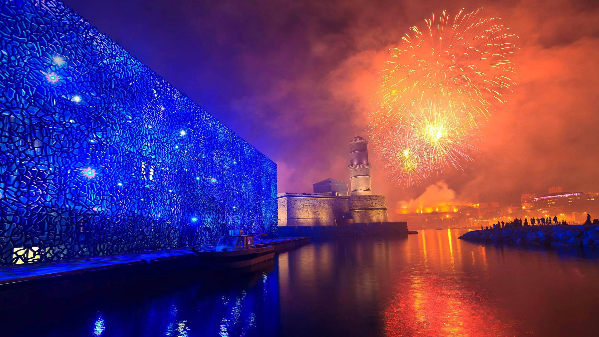 illuminated, new years eve, celebration, city, night, fireworks, architecture, black, France, firework, no people, reflection, sky, pollution, white, led, HD Wallpaper