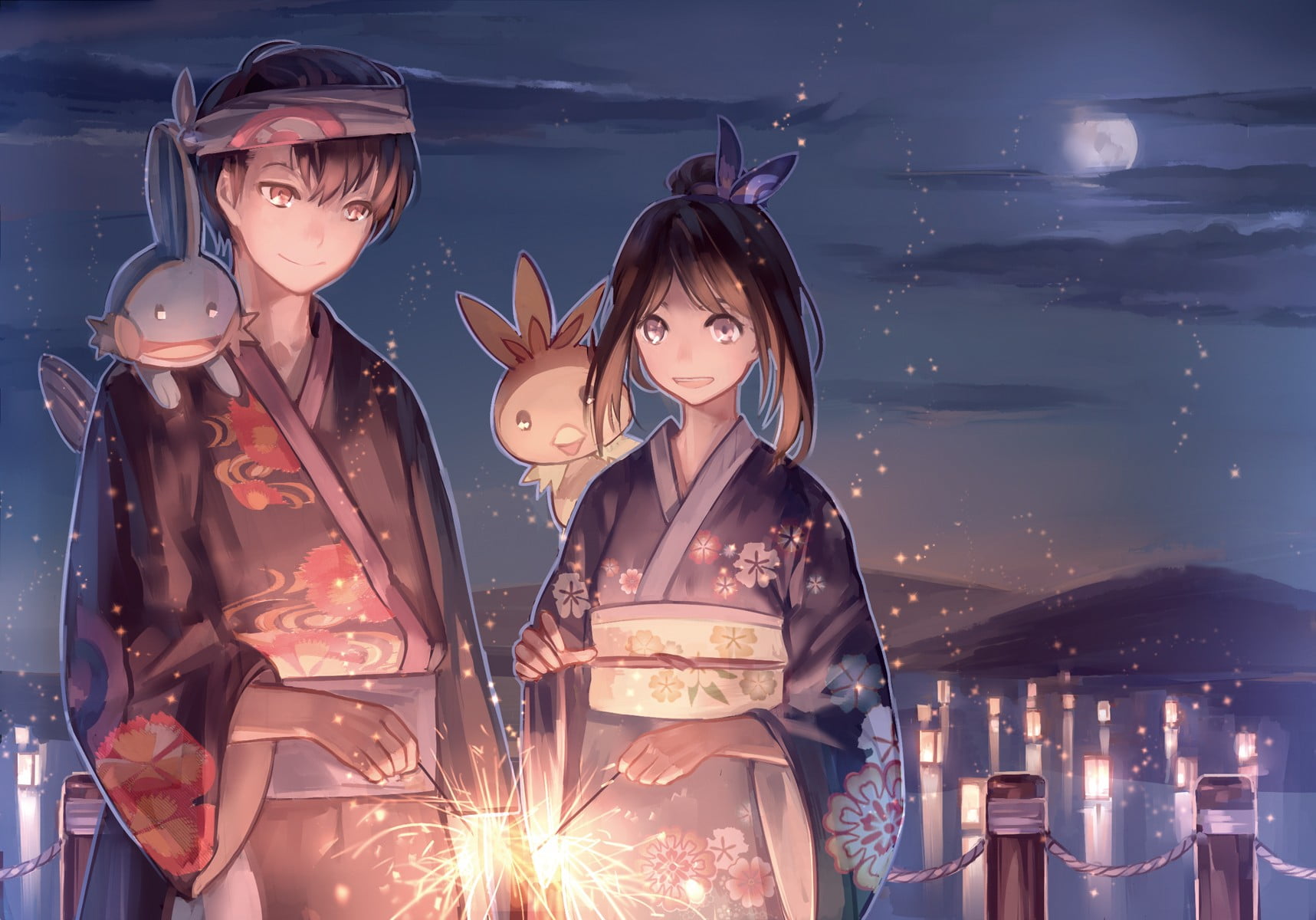 portrait, young adult, looking at camera, three quarter length, nature, kimono, holding, night, sky, women, hairstyle, real people, lifestyles, fireworks, HD Wallpaper