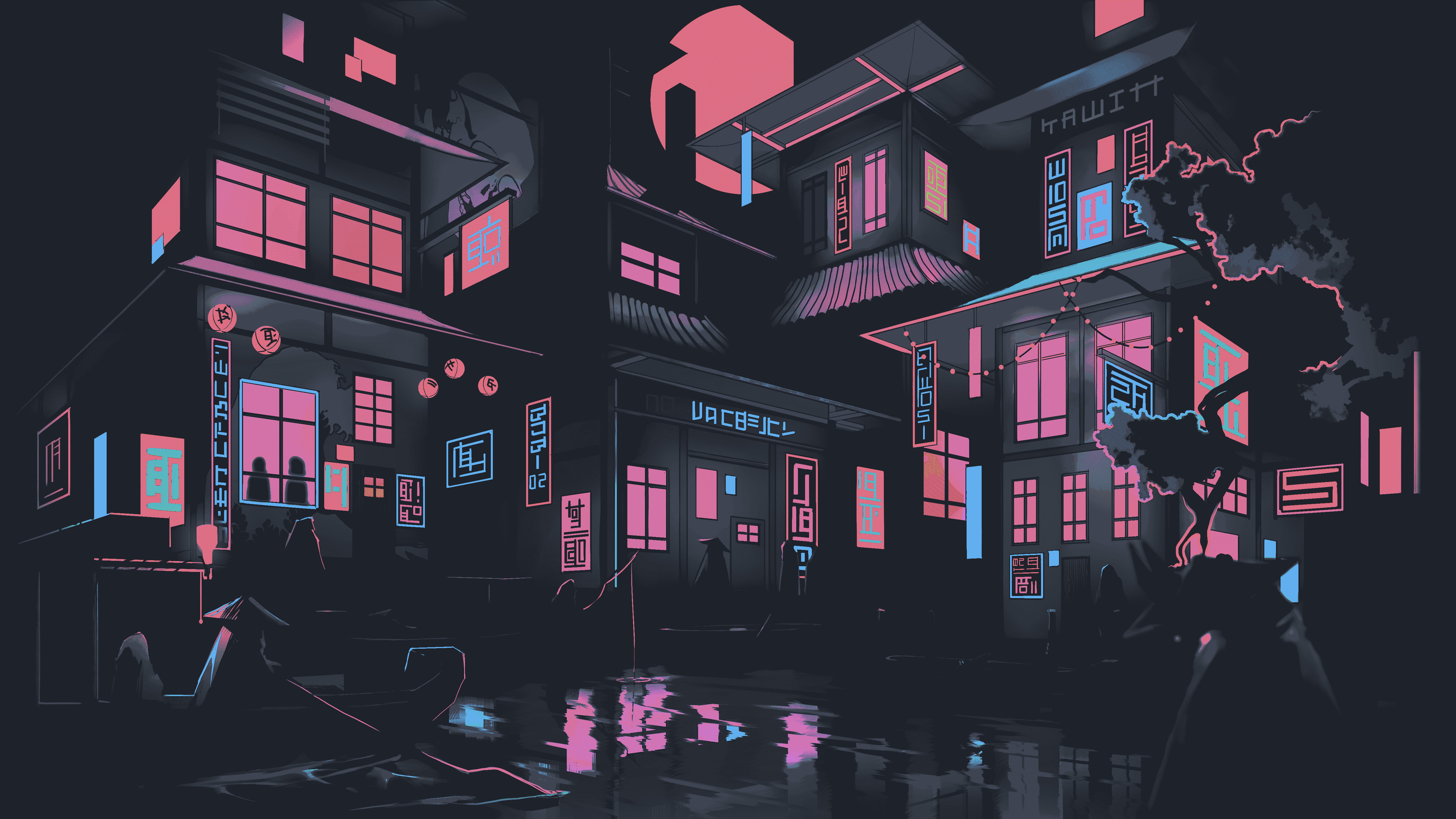 trees, neon lights, 5K, city, neon, digital art, night, minimalism, digital, Asian, HD Wallpaper