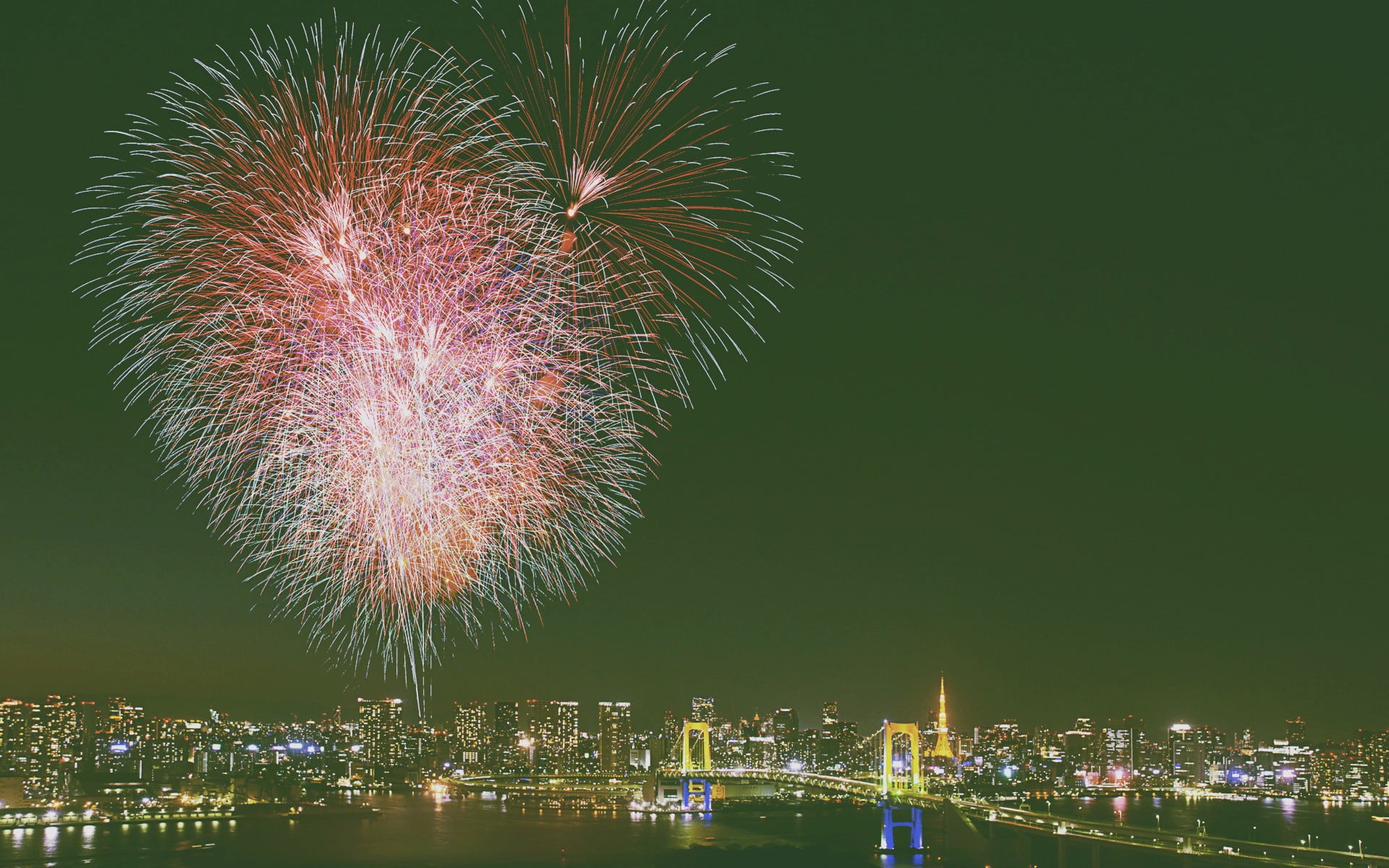 city, sky, sparks, nature, building, no people, office building exterior, water, motion, outdoors, illuminated, light, event, firework - man made object, HD Wallpaper