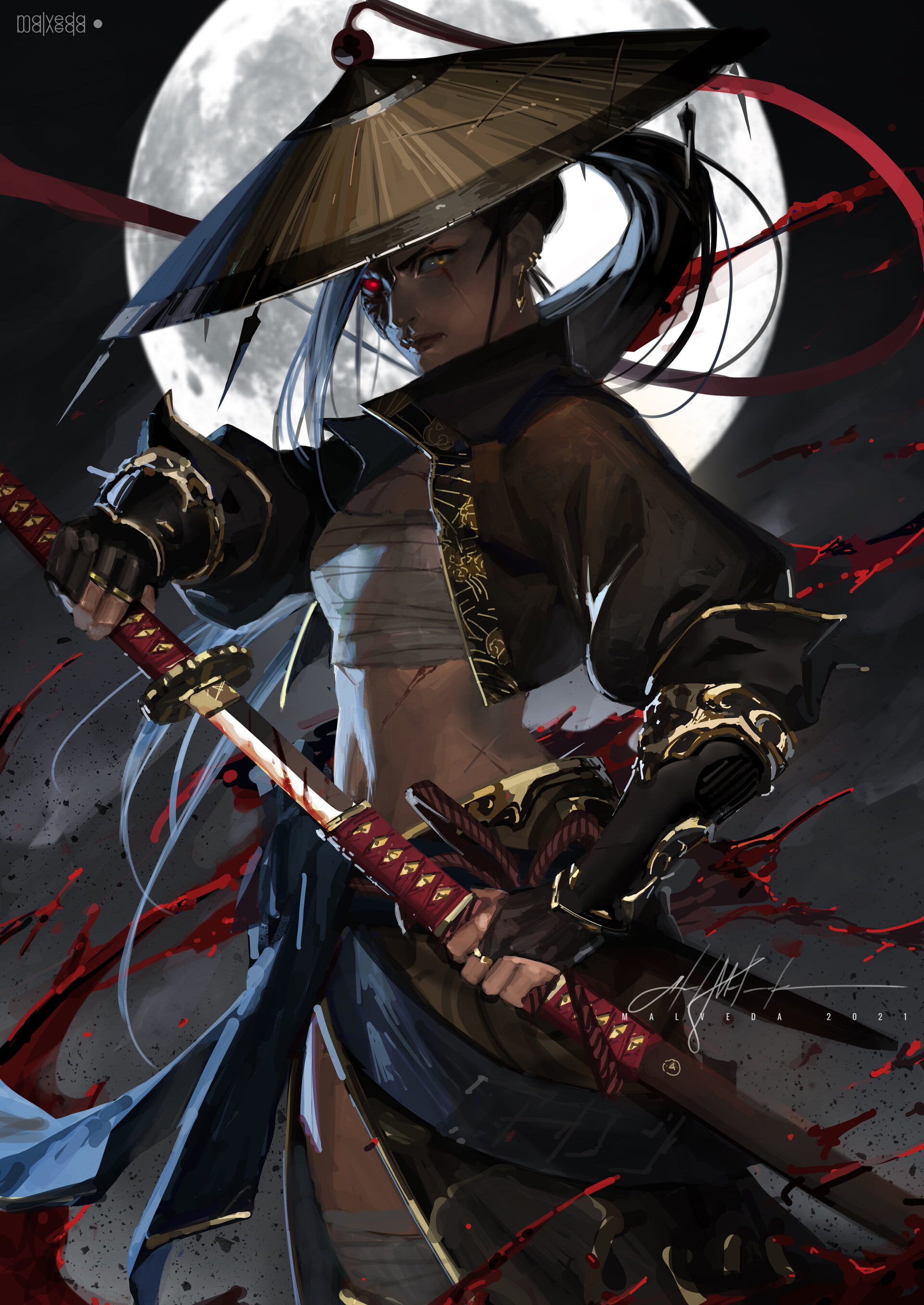 katana, shinobi, 2K, warrior, Malveda (Artist), artwork, straw hat, Black clothes, warrior girls, sarashi, digital art, red eyes, Phone HD Wallpaper