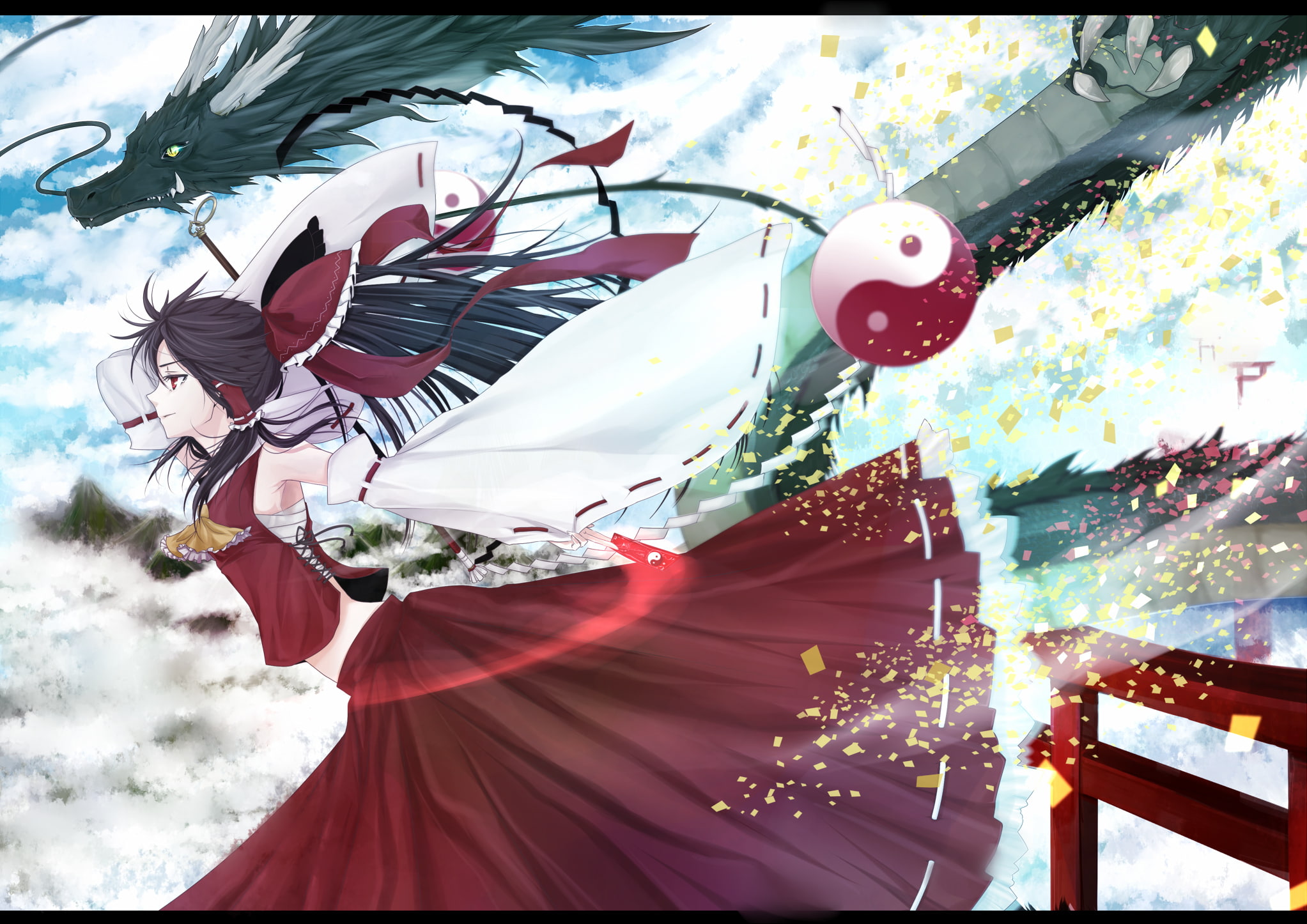 yume, clothes, japanese, hair, clouds, hakurei, eyes, touhou, koucha, bow, reimu, 1080P, long, sarashi, ponytail, miko, sky, black, dragon, red, HD Wallpaper
