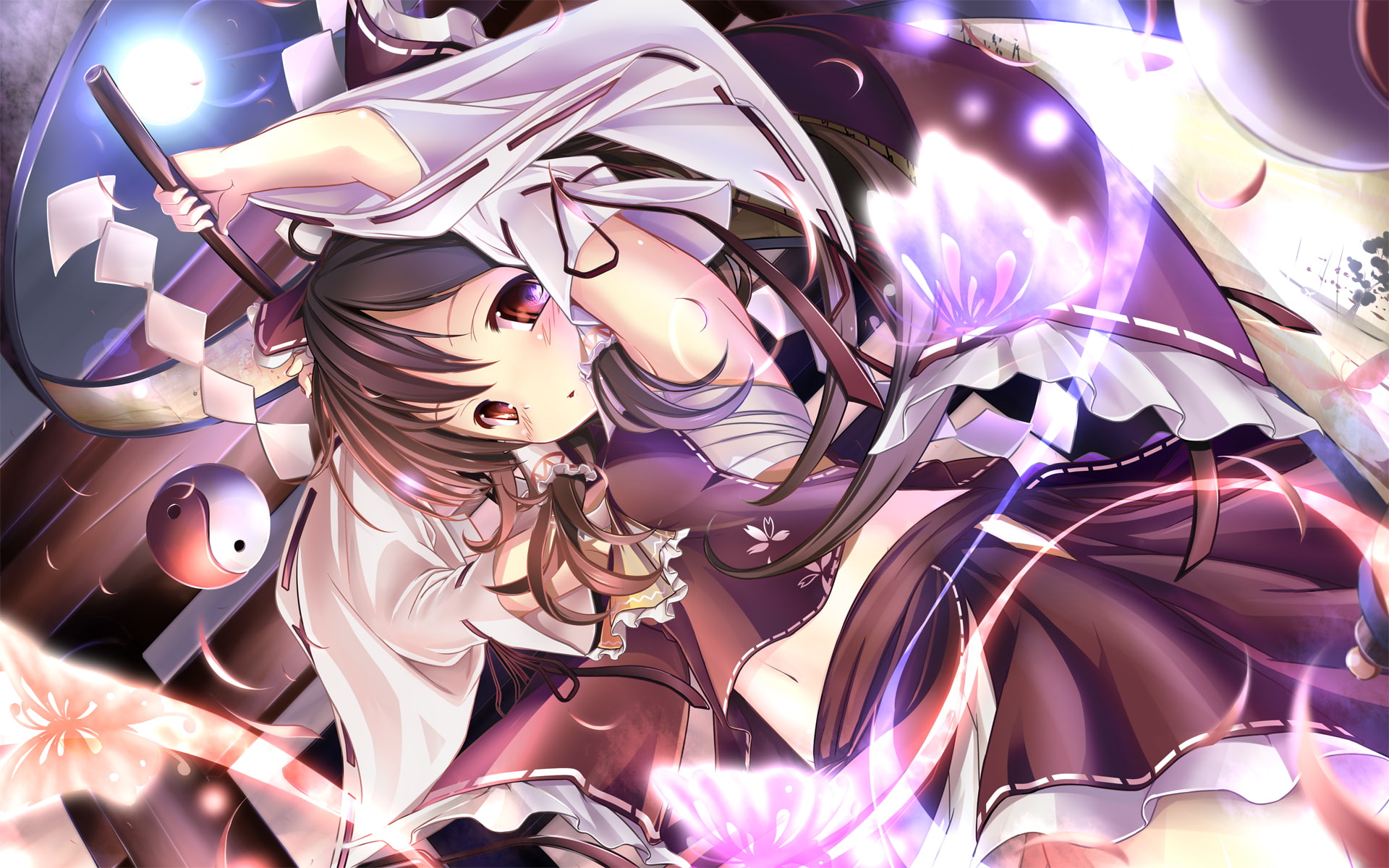 eyes, kaisu, long, reimu, 1080P, red, japanese, touhou, miko, clothes, blush, sarashi, hair, brown, hakurei, HD Wallpaper
