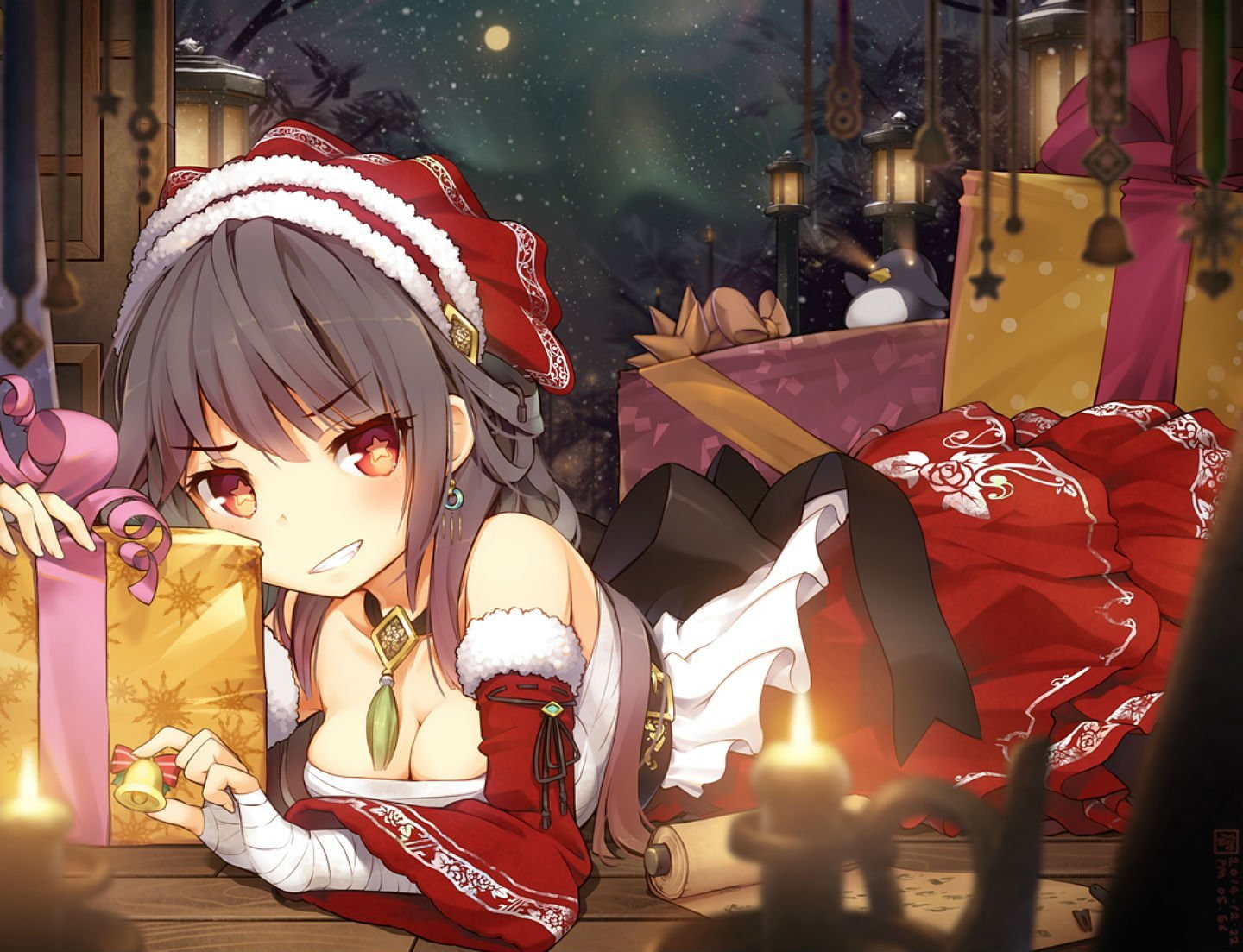 Breasts, dress, Headdress, 720P, christmas, Red Eyes, Black Hair, original, Jakoujika, bell, bow, necklace, stars, cleavage, Bandage, Sarashi, HD Wallpaper