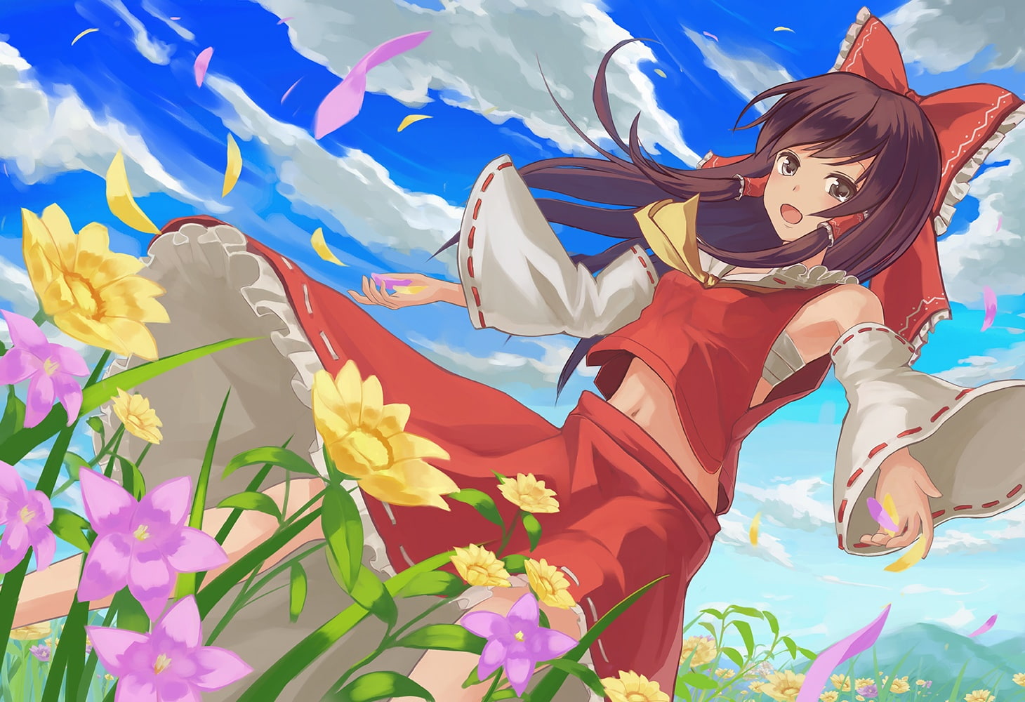 touhou, hair, sarashi, clothes, reimu, bow, eyes, navel, 239268, japanese, muireko, 720P, konachan, miko, brown, hakurei, clouds, flowers, long, petals, HD Wallpaper