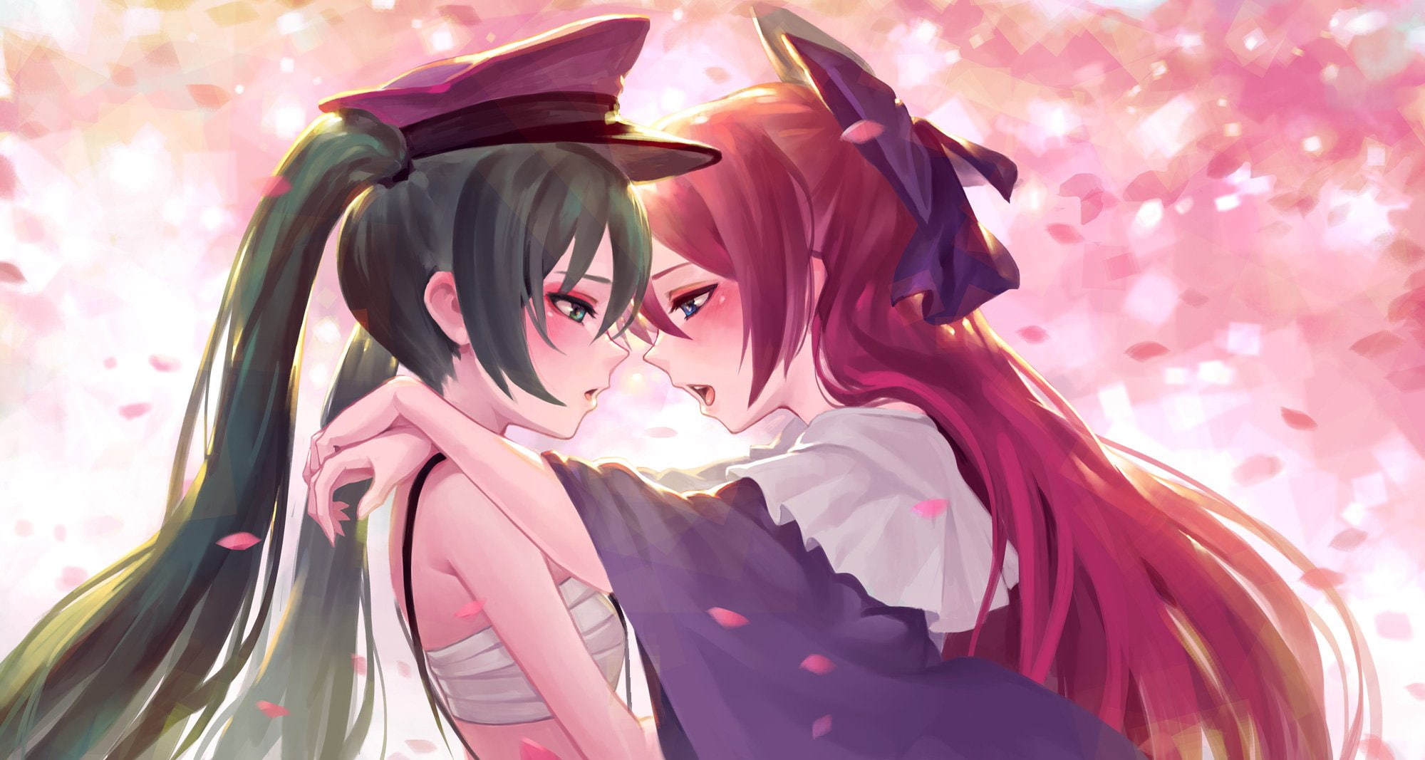 blush, hatsune, blue, twintails, 1080P, girls, megurine, green, red, fkey, bow, miku, hat, hair, shoujo, eyes, sarashi, petals, luka, long, vocaloid, HD Wallpaper