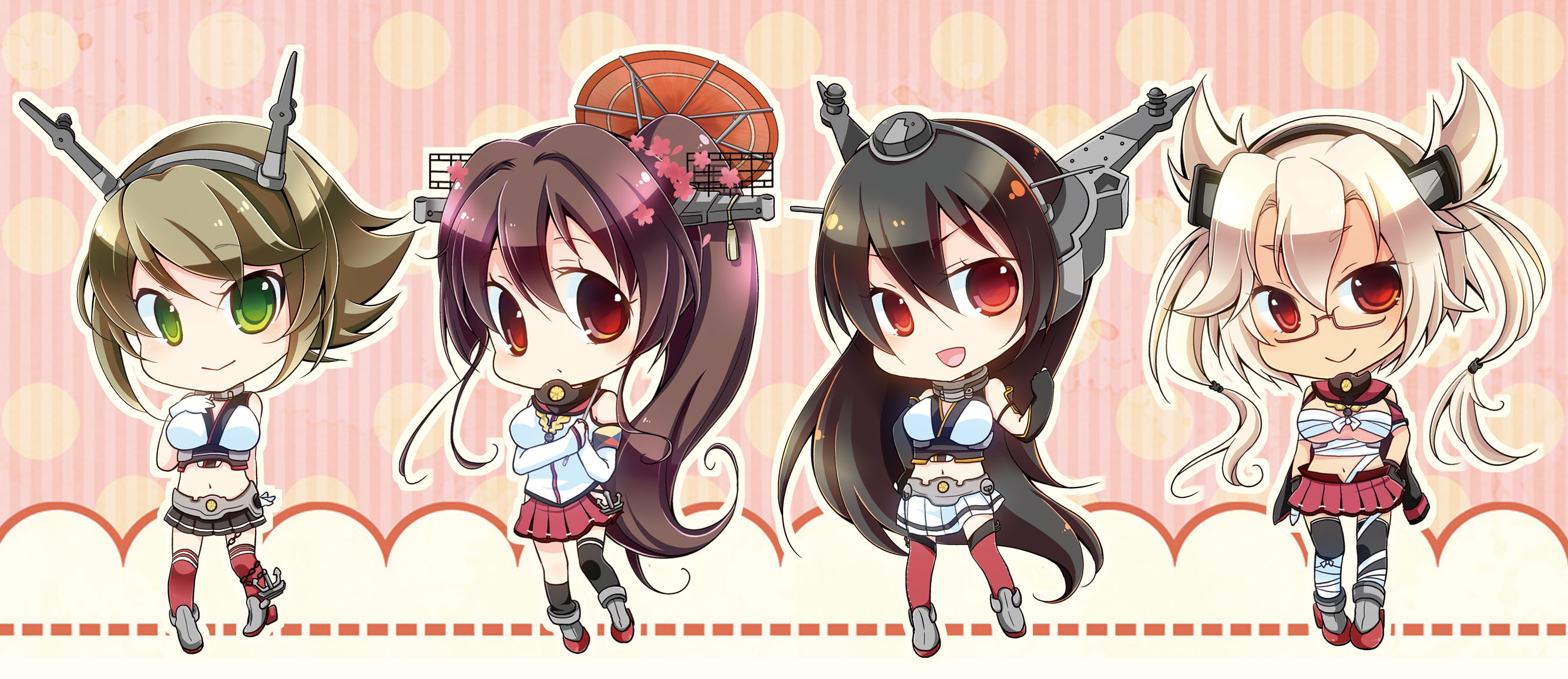 red, glasses, ponytail, eyes, navel, thighhighs, chibi, green, collection, brown, bandage, kaya, blonde, hair, kneehighs, twintails, black, 2K, kantai, HD Wallpaper