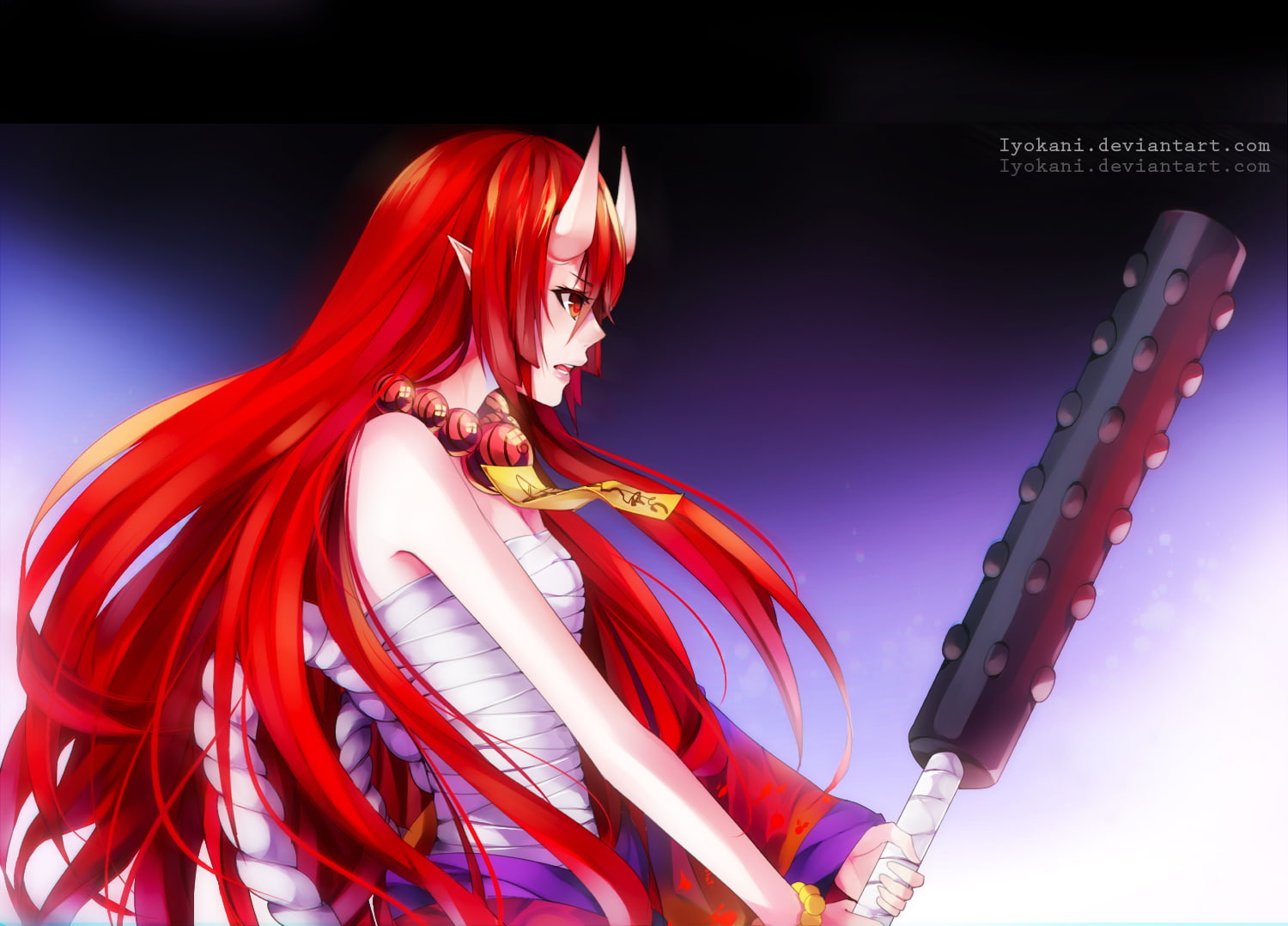 long, com, red, konachan, hair, horns, 720P, watermark, weapon, eyes, 252618, pointed, (artist), demon, sarashi, tagme, ears, necklace, japanese, clothes, HD Wallpaper