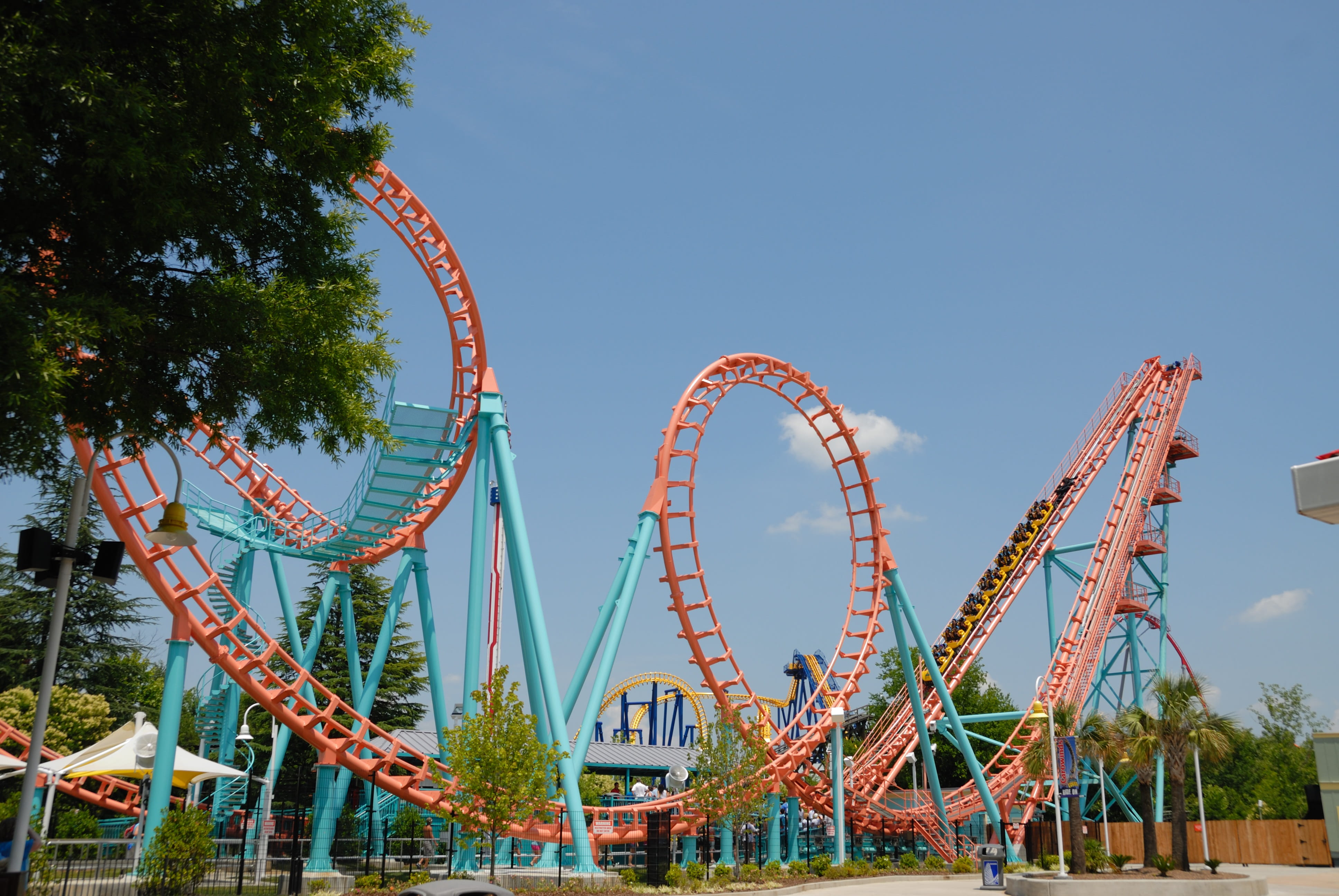 theme, play, fairground, structure, leisure activity, park, adventure, scream, family, Amusement, low angle view, attraction, teal, Ride, sky, no people, HD Wallpaper
