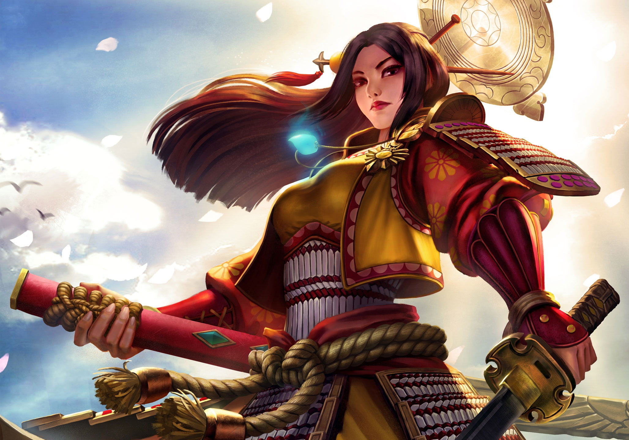 cute girl, 1080P, femininity, Smite, beauty, brown eyes, pretty girl, look, sun goddess, богиня солнца, sword in hand, long hair, меч в руке, Amaterasu, HD Wallpaper