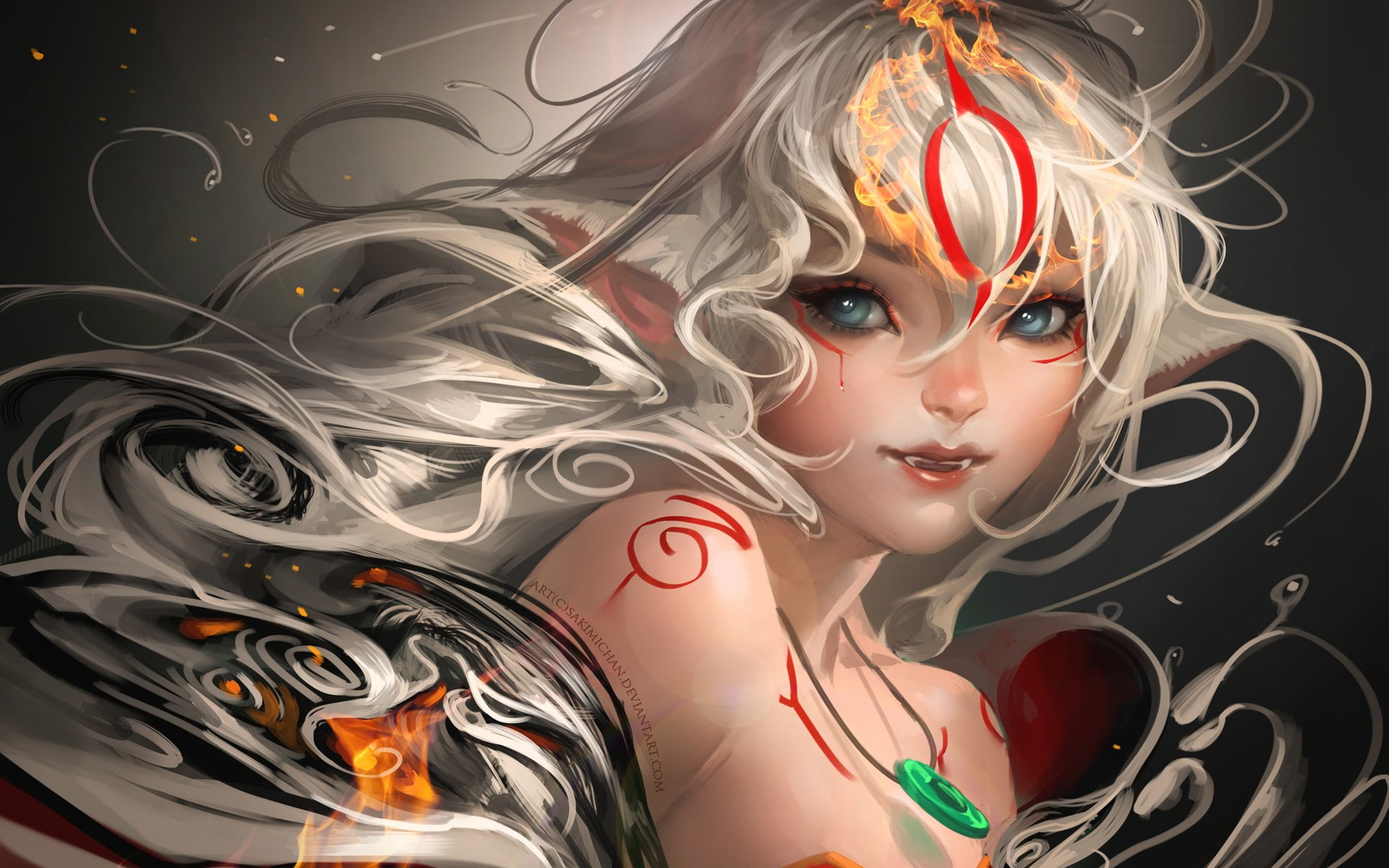 hair, white, art, Okami, 1080P, Amaterasu, fantasy, artwork, Sakimichan, women, HD Wallpaper