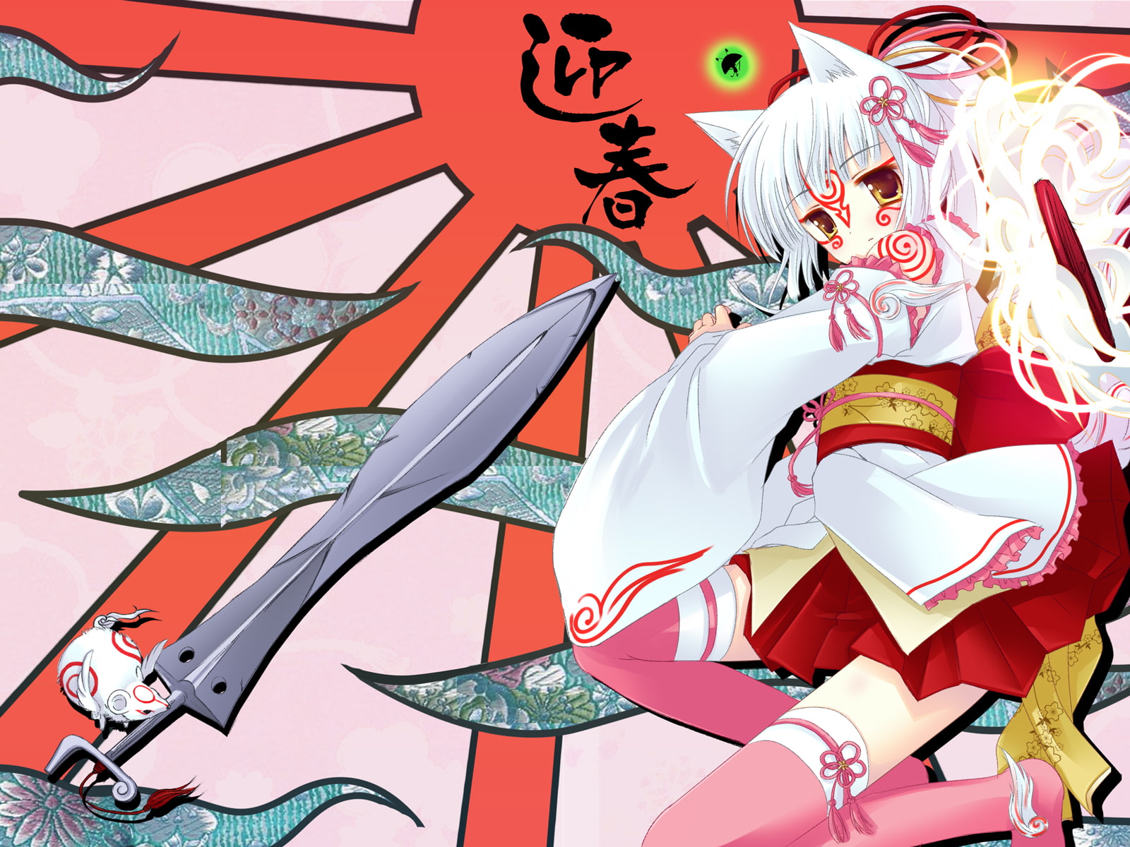 clothes, wolfgirl, animal, ears, eri, natsume, amaterasu, issun, japanese, kimono, thighhighs, okami, 720P, HD Wallpaper