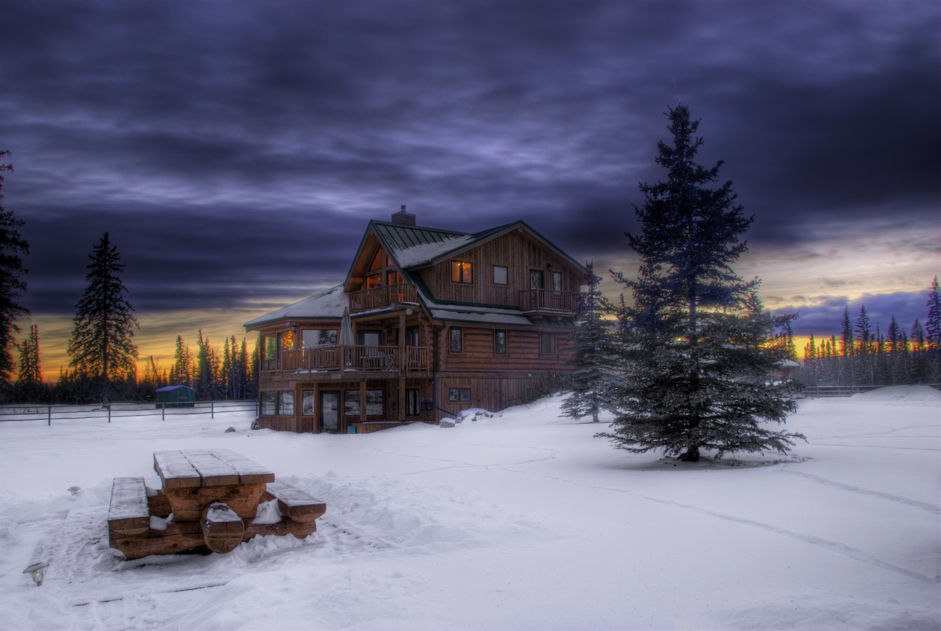 blue, cold temperature, sky, the sky, wood - Material, frozen, the evening, cottage, built Structure, no People, plant, clouds, picnic, Winter, scenics - nature, HD Wallpaper