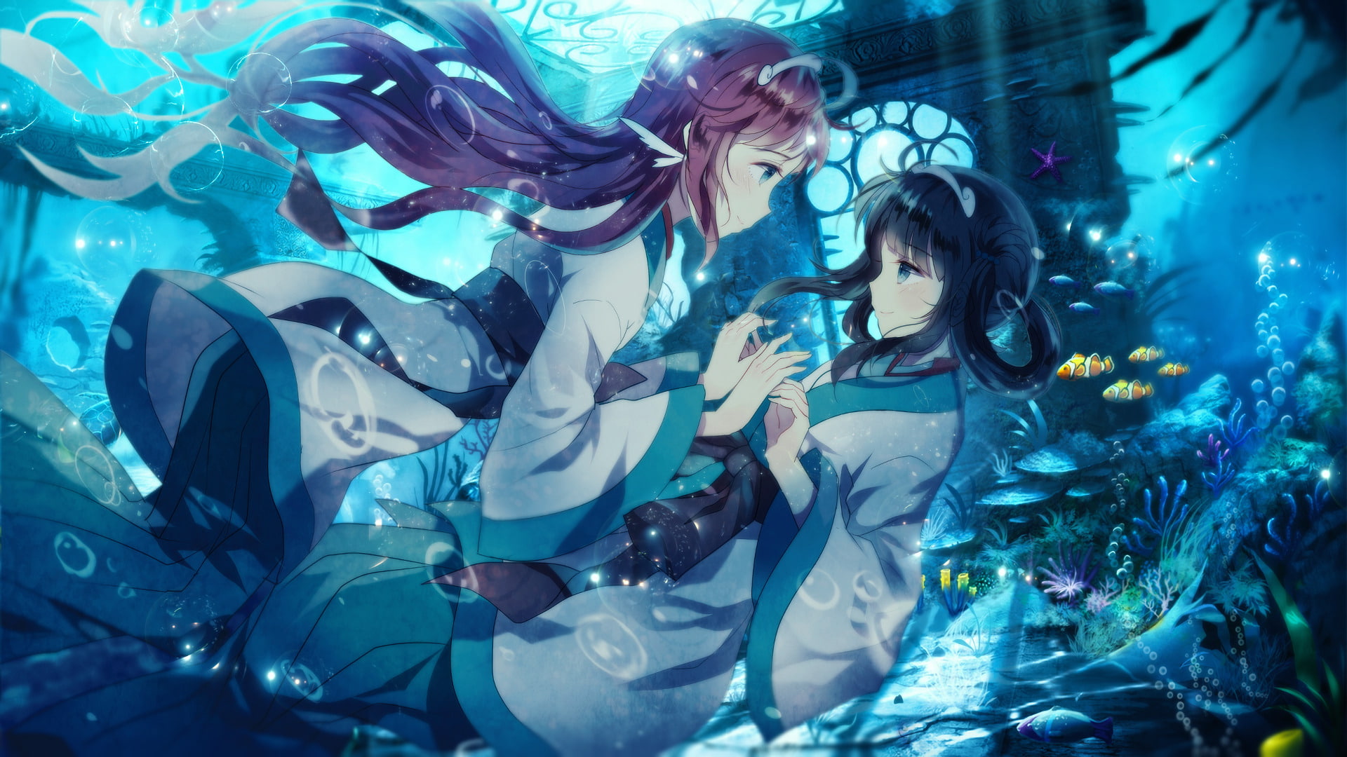 water, Nagi no Asukara, animal wildlife, young adult, underwater, fish, animals in the wild, blue, marine, group of animals, swimming pool, swimming, women, HD Wallpaper