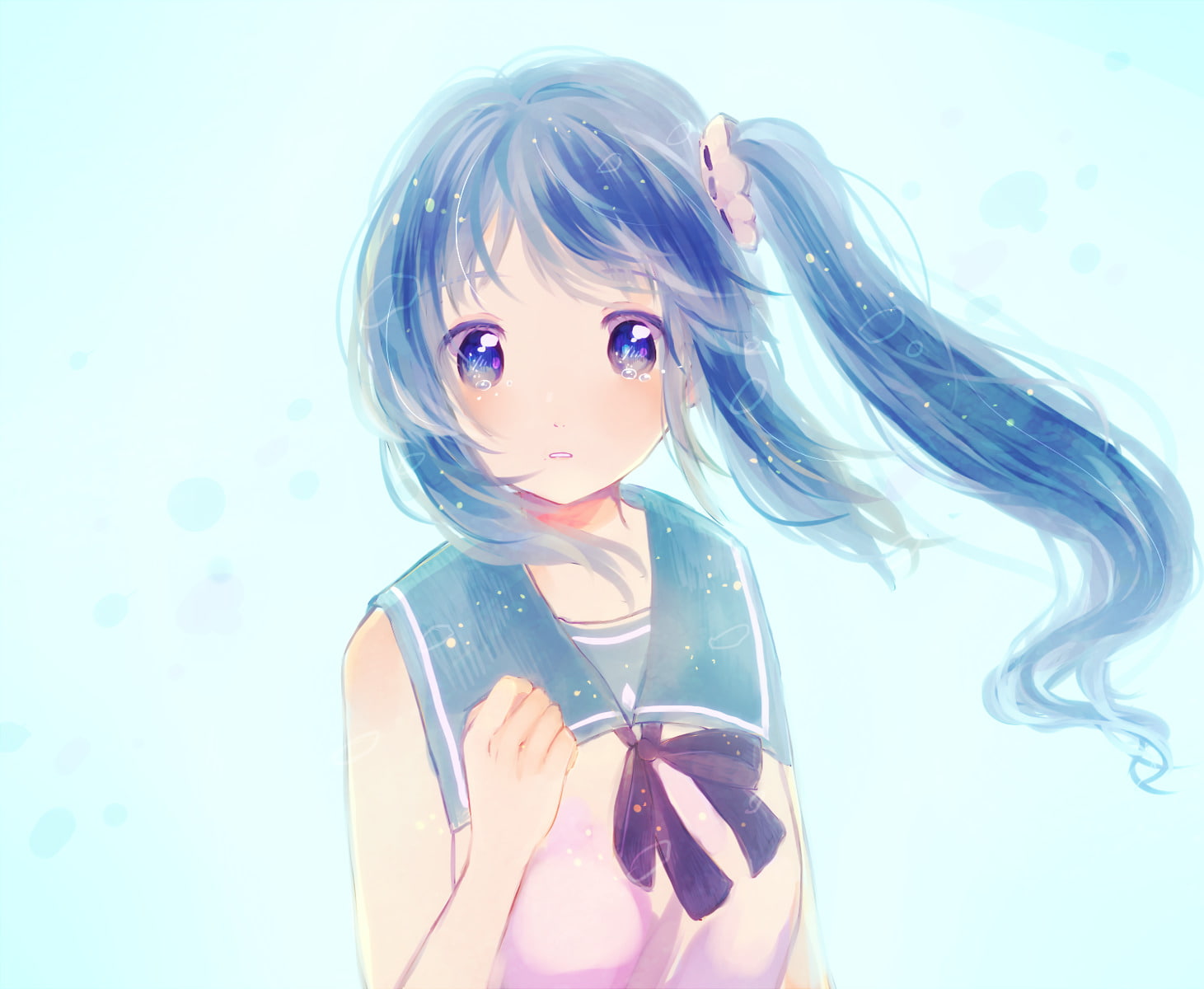 Blush, Water, Blue Hair, Girl, School Uniform, Anime, Nagi no Asukara, Twintails, Blue Eyes, Long Hair, Chisaki Hiradaira, 720P, HD Wallpaper