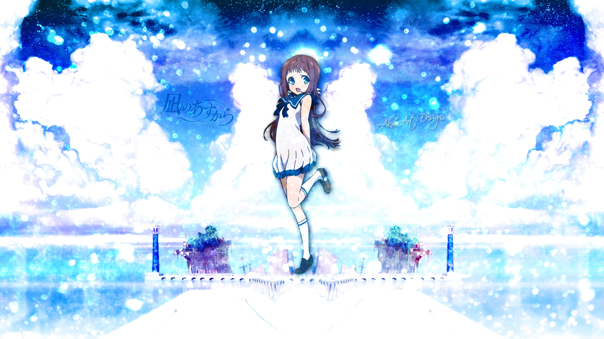 nagi, mukaido, signed, blue, brown, asukara, eyes, kneehighs, manaka, hair, seifuku, long, 1080P, HD Wallpaper