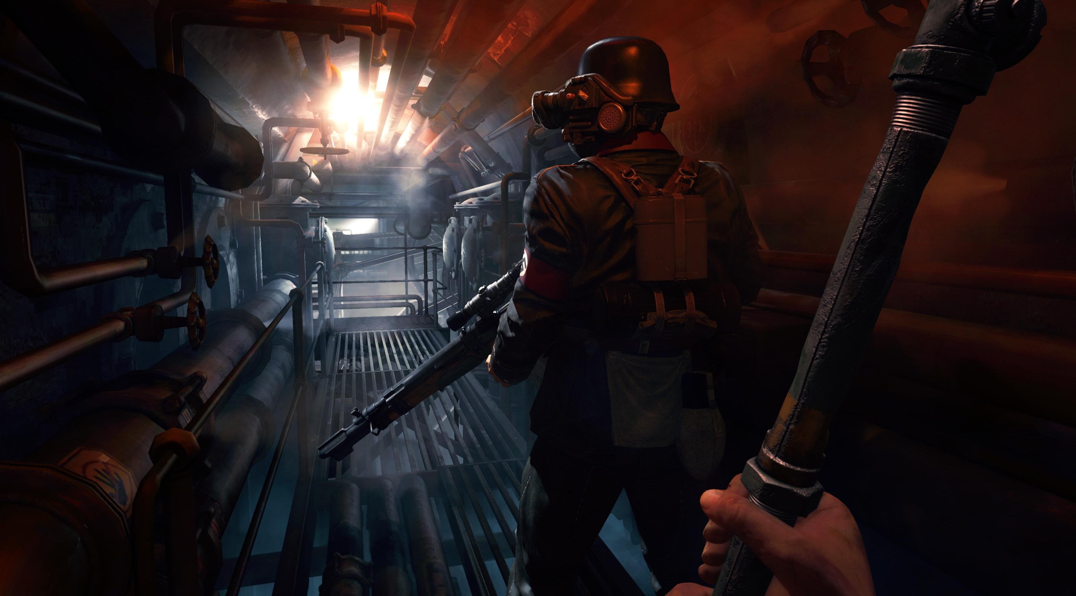 adult, railing, fuel and power generation, machinery, helmet, holding, working, headwear, equipment, staircase, occupation, indoors, wolfenstein the old blood 4k background, HD Wallpaper