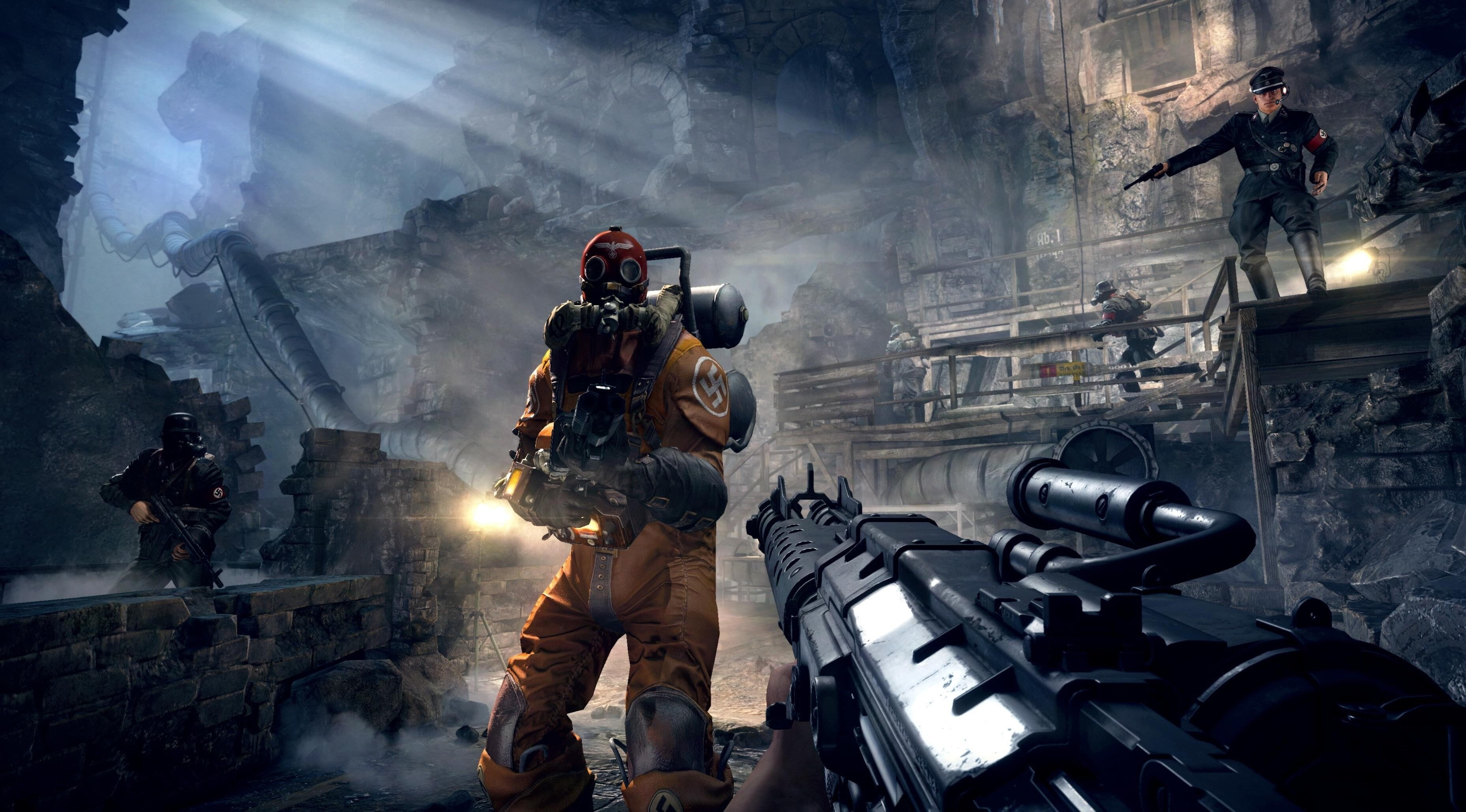 fighting, security, gun, 2K, helmet, people, group of people, wolfenstein the old blood 4k  of windows, standing, war, government, aggression, adult, holding, HD Wallpaper