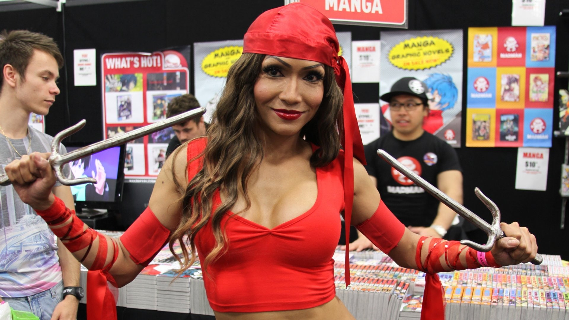 Women, day, Cosplay, young adult, adult, Elektra (Marvel Comics), young men, long hair, 1080P, waist up, Marvel Comics, retail, food, young women, text, HD Wallpaper