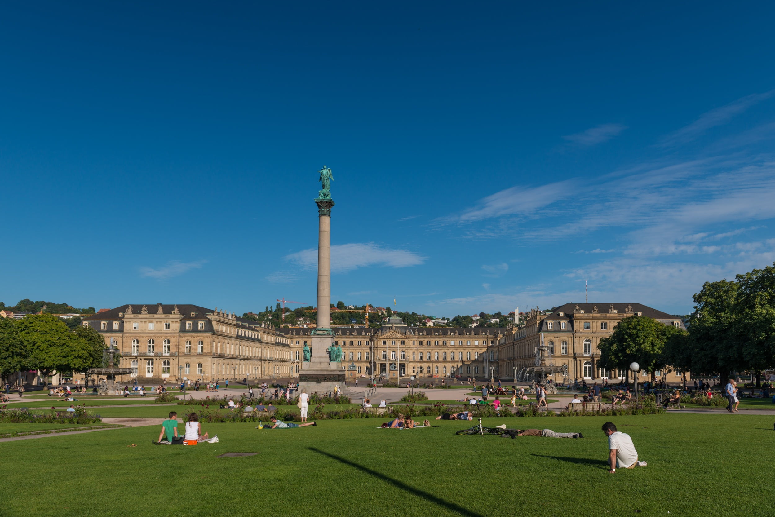 new castle, schloßplatz, the past, lying, outdoors, blue, travel destinations, jubilee column, large group of people, grass, built structure, green, building exterior, HD Wallpaper