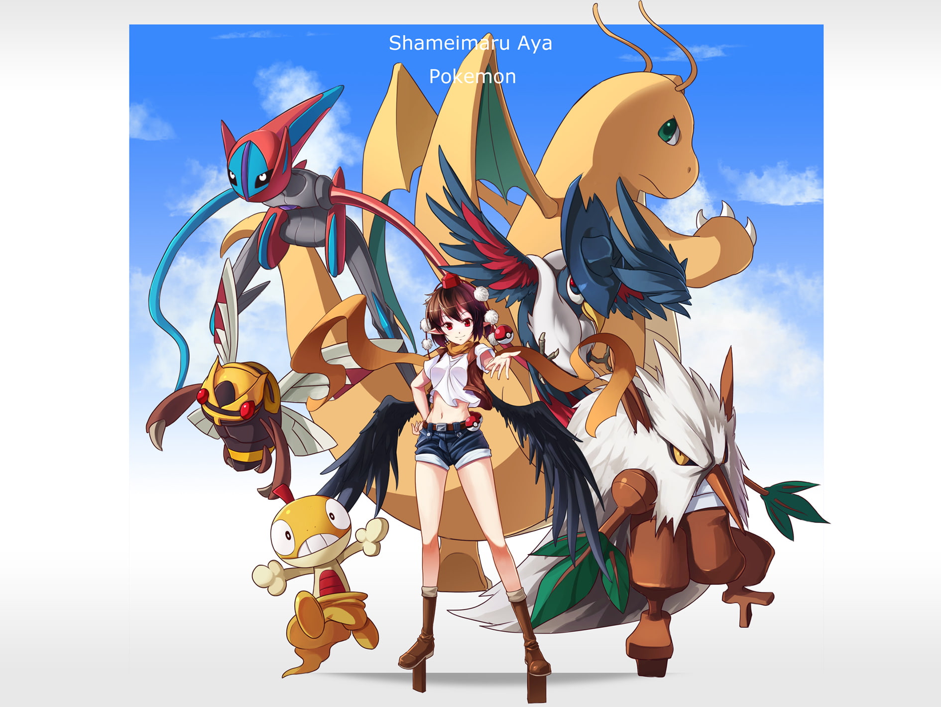 scrafty, pokemon, honchkrow, shinebell, touhou, aya, ninjask, crossover, deoxys, 720P, shiftry, dragonite, shameimaru, HD Wallpaper