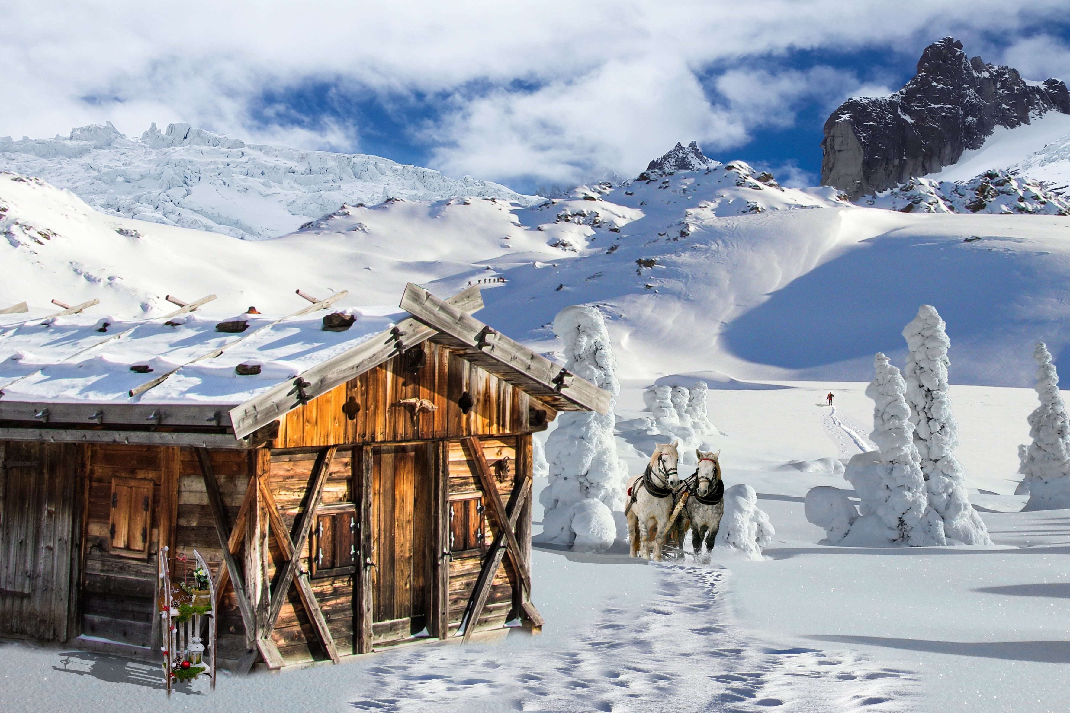 travel destinations, wooden, hut, vacation, white, composing, sky, building, wintry, built structure, mountains, daytime, two, building exterior, cold temperature, HD Wallpaper