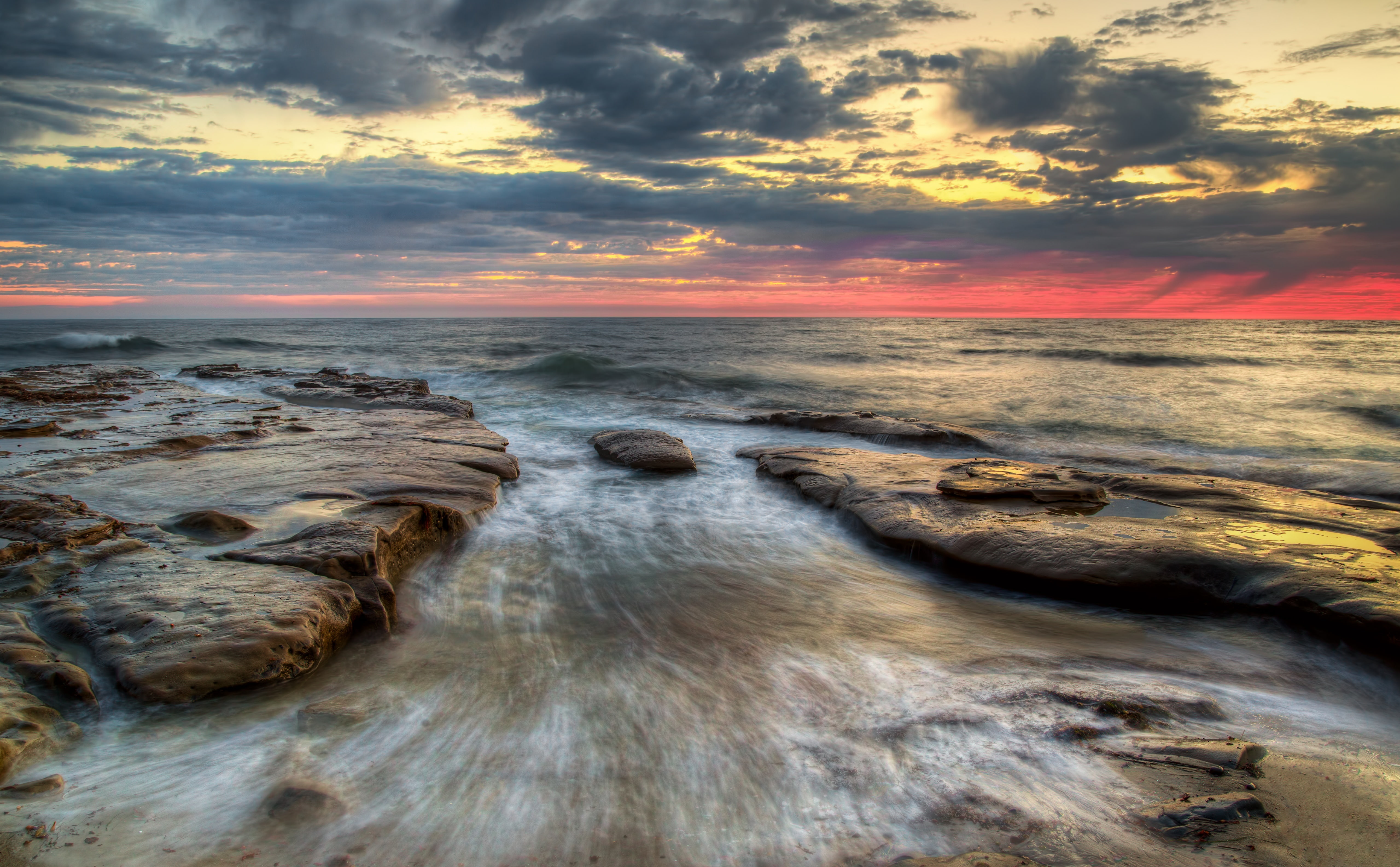 rising, cloud - sky, land, horizon over water, photography, beach, tranquility, La Jolla, Rocks, rock, motion, no people, pacific ocean, long exposure, HD Wallpaper