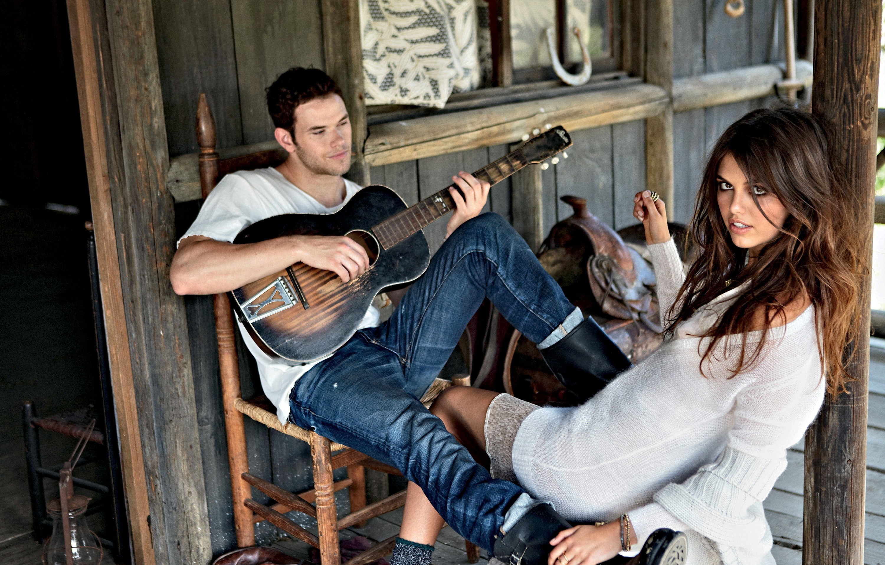 model, guitar, brunette, kellan lutz, saddle, guy, house, plays, girl, 2K, hut, HD Wallpaper