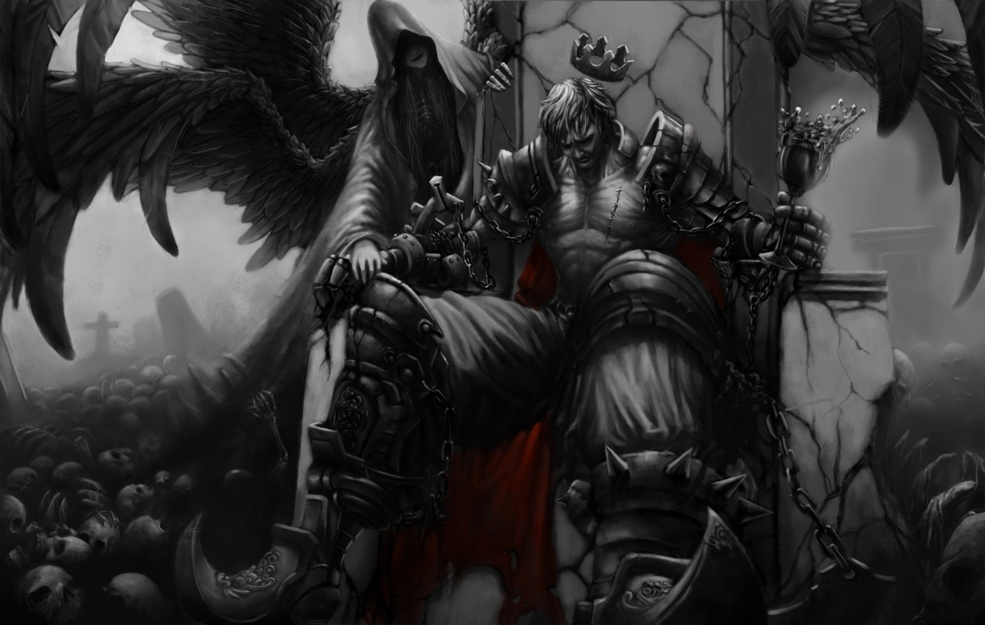 king, Cape, Crown, Lich, art, skull, throne, Wineglass, wings, 1080P, girl, HD Wallpaper