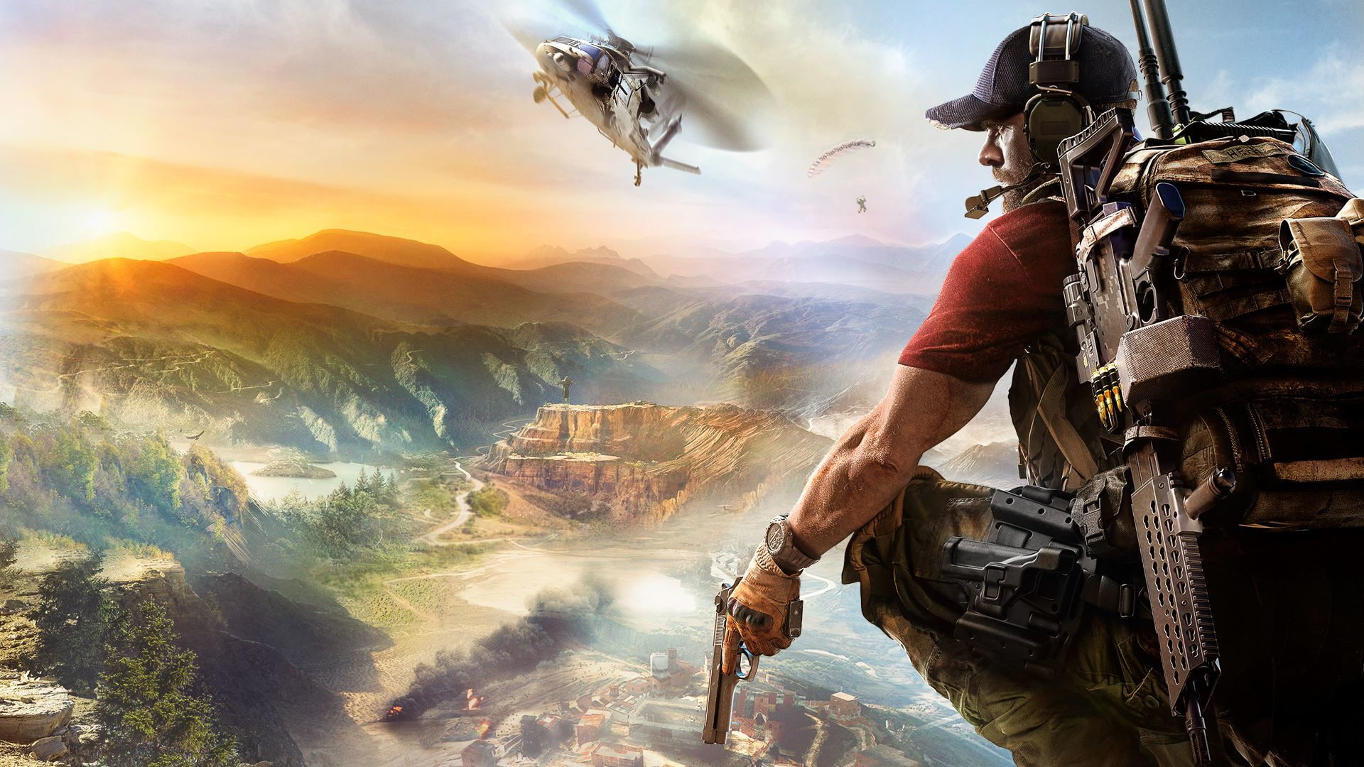 Smoke, Tom Clancys Ghost Recon: Wildlands, Helicopter, Clouds, Ubisoft, Equipment, Weapons, 1080P, Ghost Recon: Wildlands, Ubisoft Paris, Sunset, Mountains, HD Wallpaper