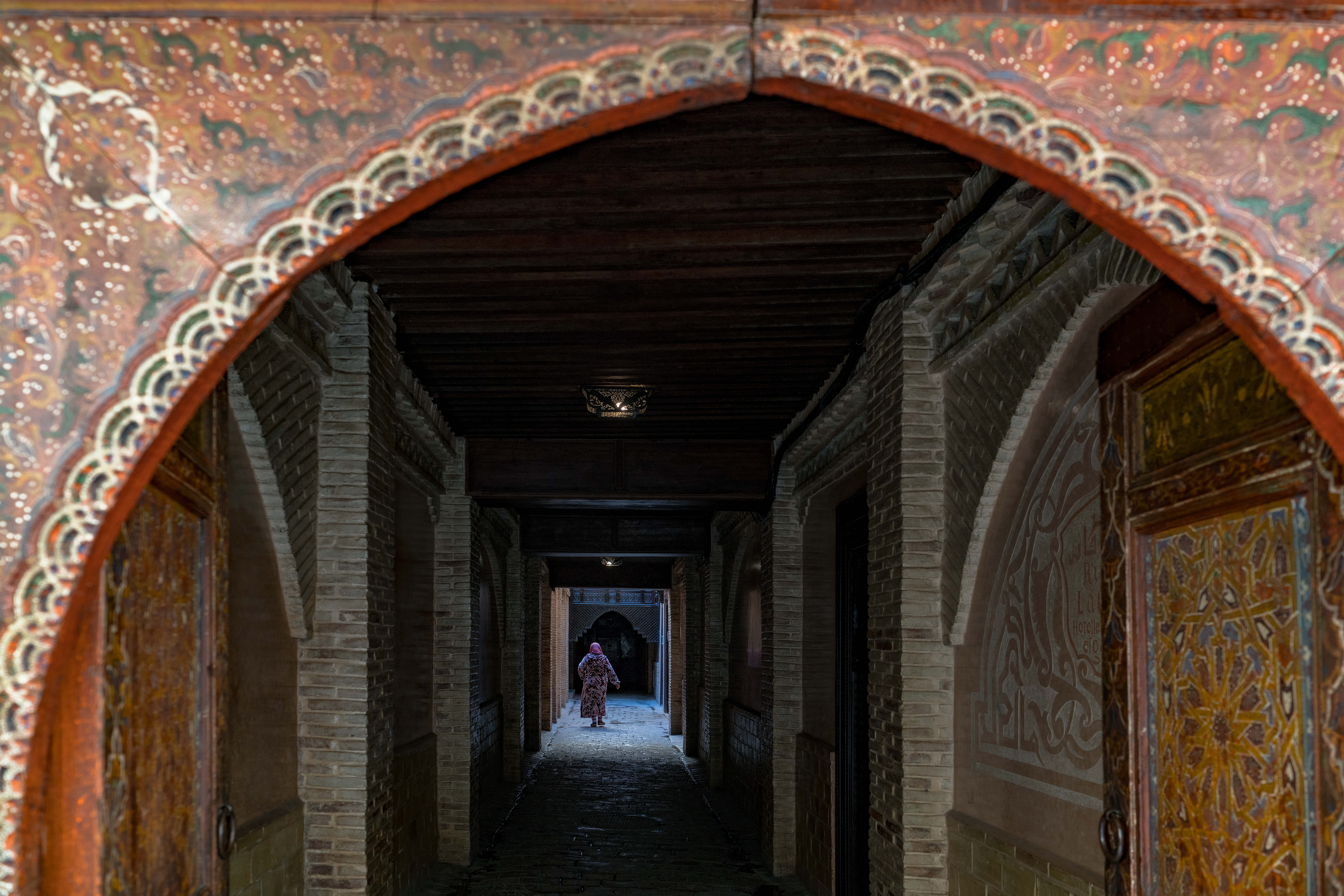 indoors, lifestyles, crypt, travel destinations, lights, rear view, brick, 8K, one person, native, the past, arcade, morocco, travel, built structure, HD Wallpaper
