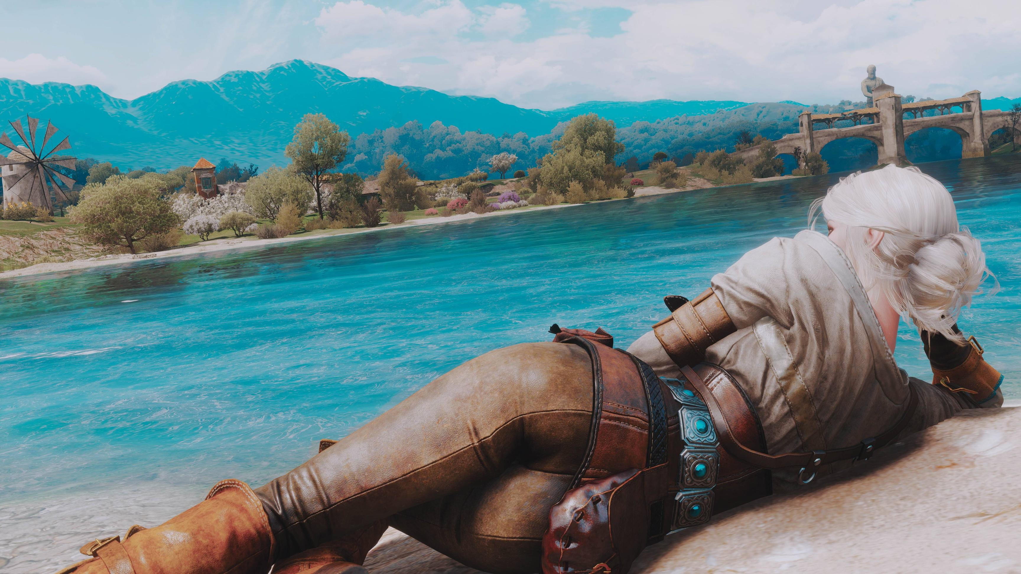 Cirilla Fiona Elen Riannon, video games, Cirilla, ass, Fantasy girl, White Hair, Leather Leggings, 2K, water, The Witcher 3: Wild Hunt, The Witcher, HD Wallpaper