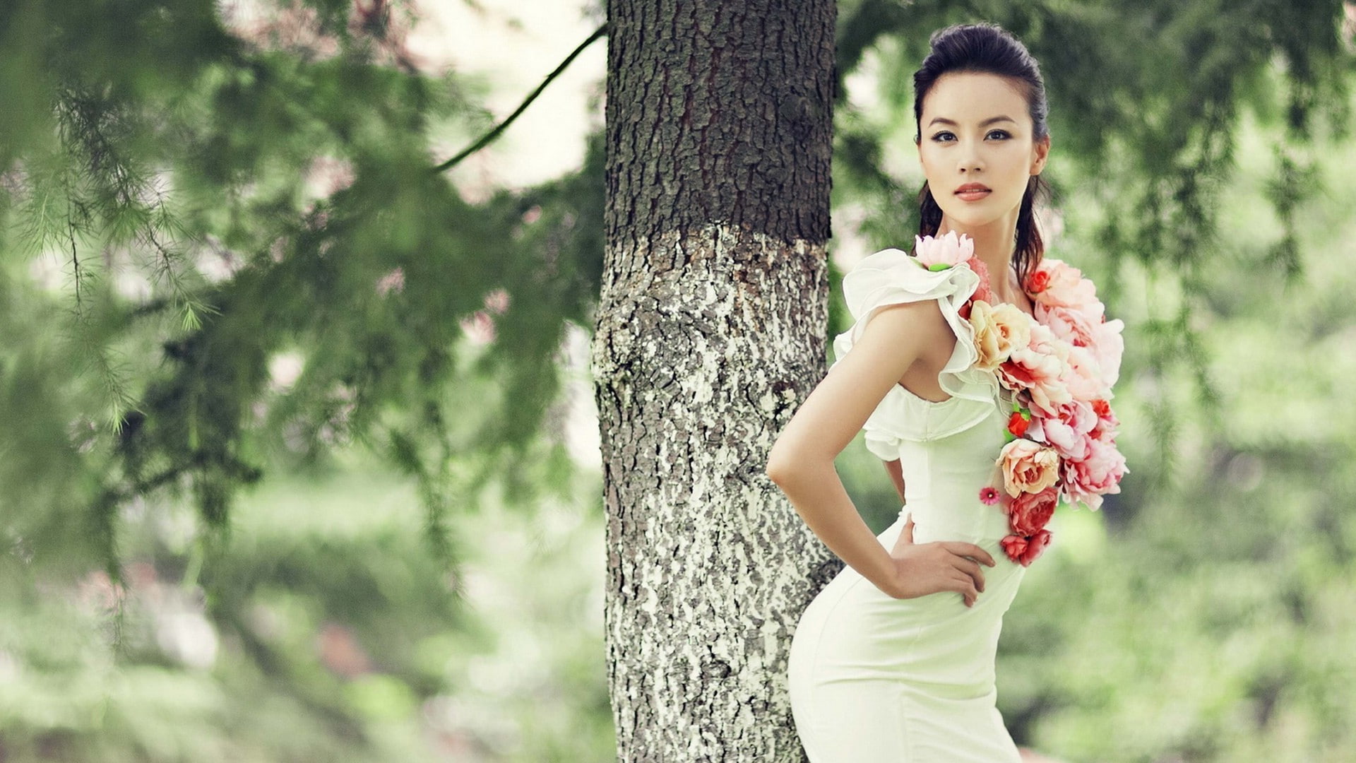 1080P, beautiful, Girl, look, face, Park, pose, waist, ass, dress, white, cute, Asian, slim, figure, trees, HD Wallpaper