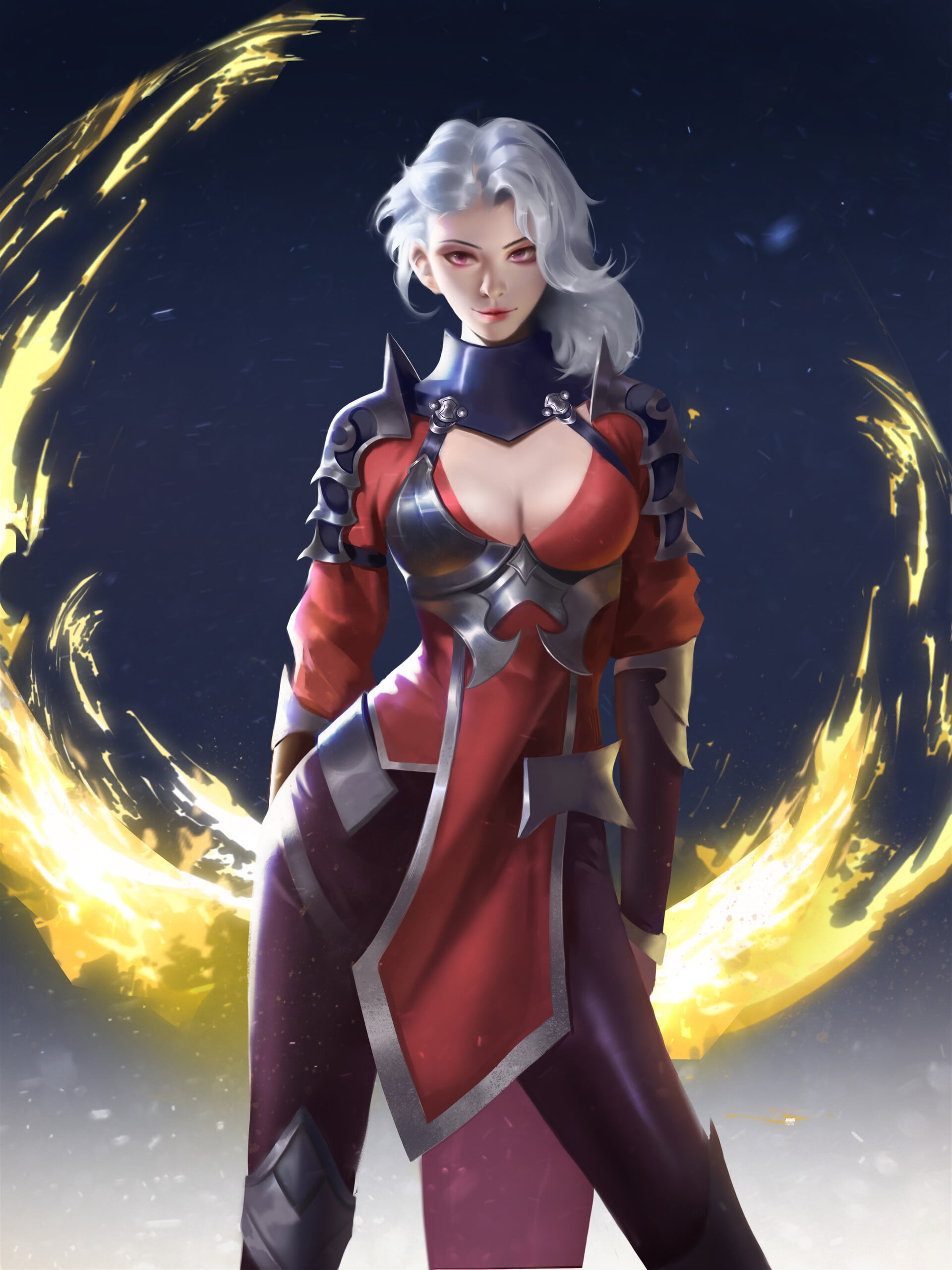 digital art, Han Lee (Artist), artwork, digital painting, white hair, women, weapon, sparks, cleavage, portrait display, 2K, Smug face, ArtStation, drawing, Phone HD Wallpaper