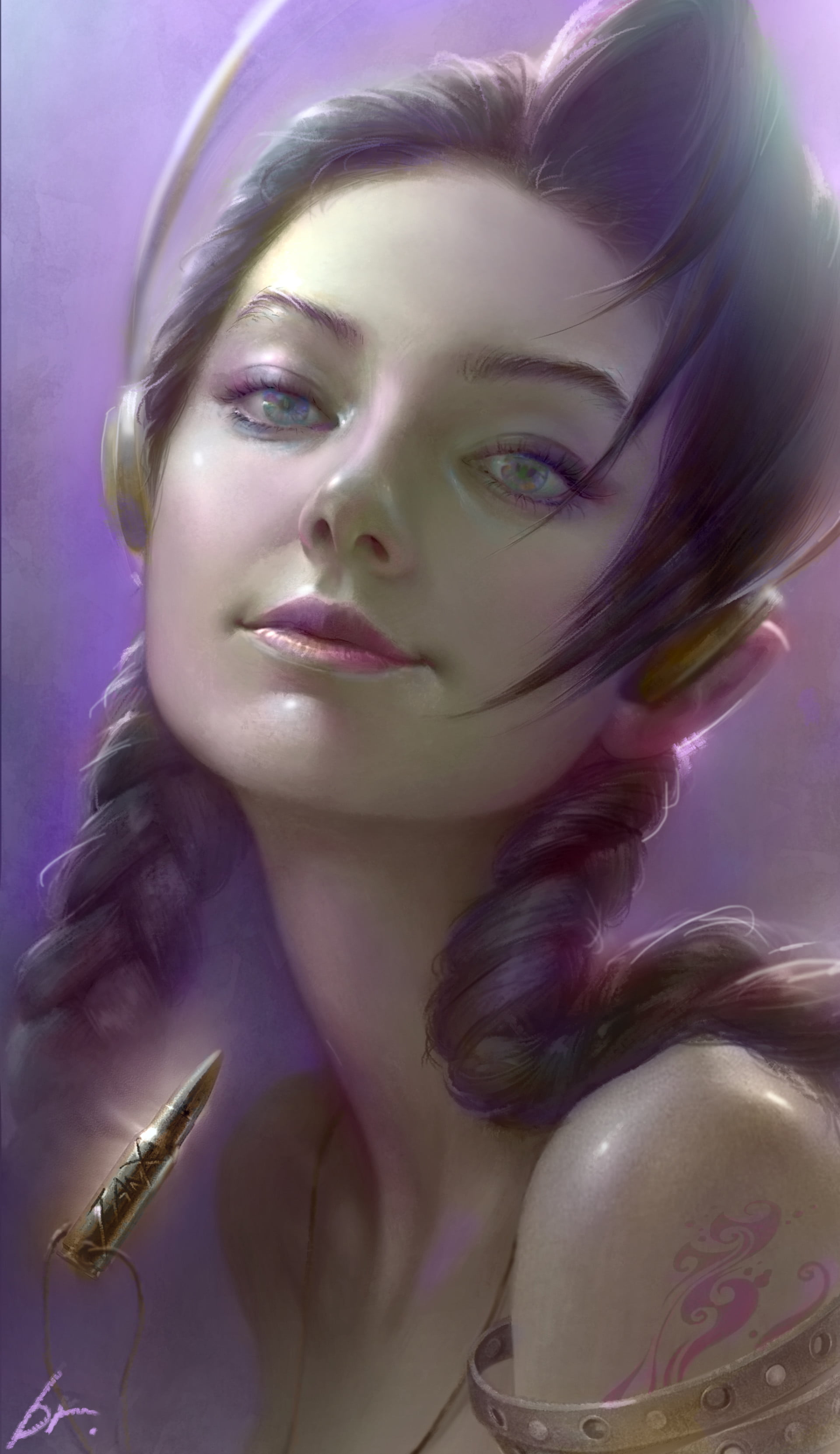 face, bare shoulders, tattoo, 2K, Long Neck, bright JiangJ, artwork, looking at viewer, vertical, hair, smug face, women, drawing, ArtStation, smiling, Phone HD Wallpaper