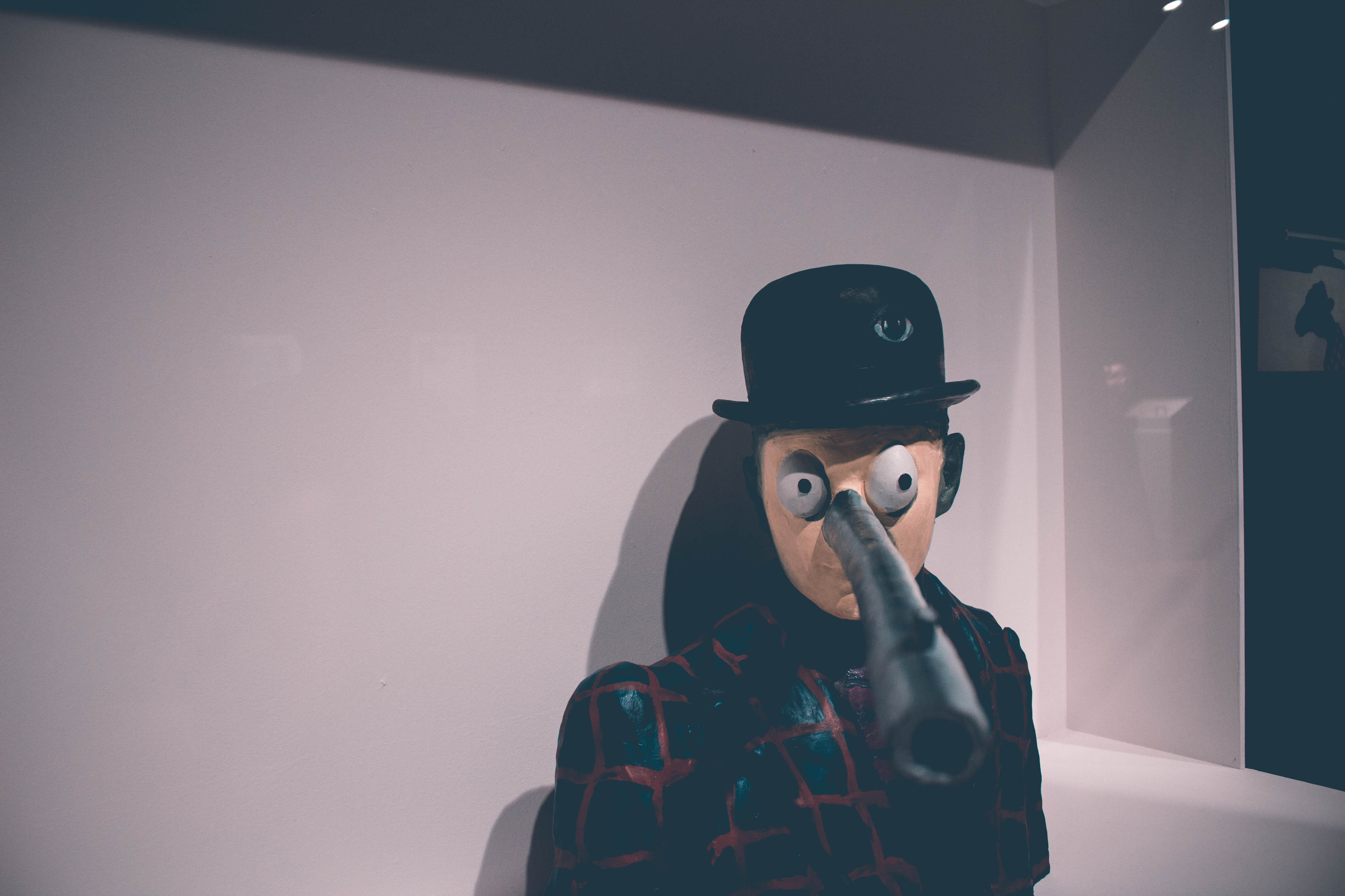 hat, futuristic, cap, museum, wall - building feature, indoors, copy space, real people, one person, portrait, rene magritte, headwear, sitting, 5K, reflection, HD Wallpaper
