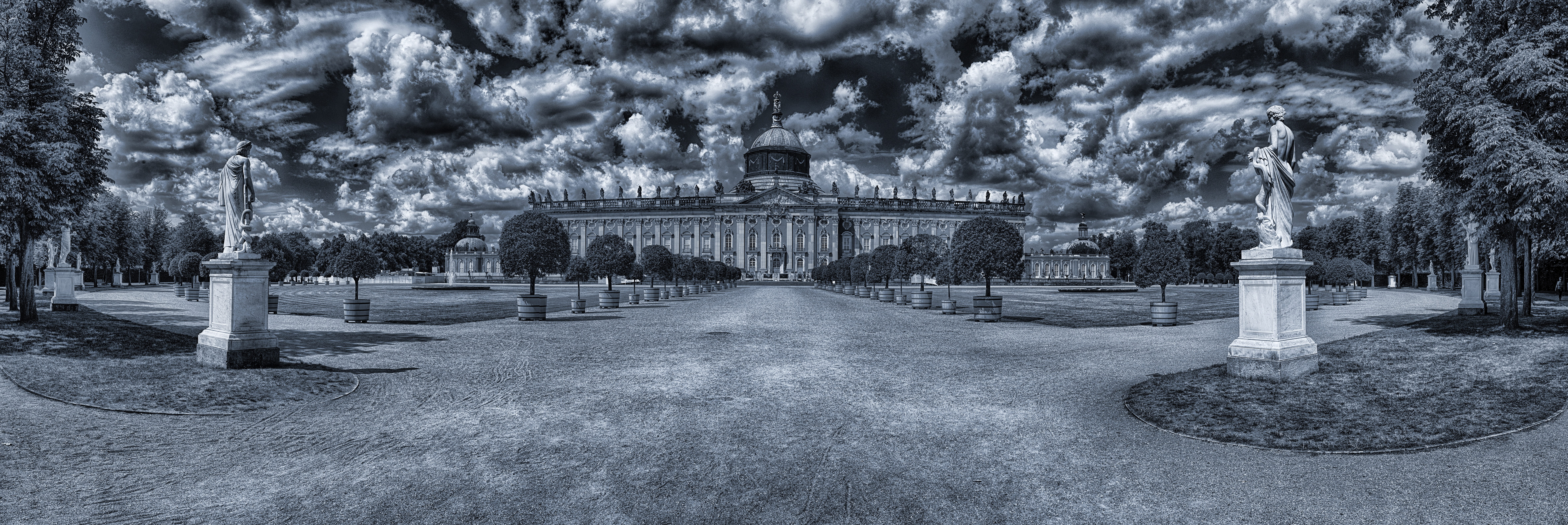 statue, tree, plant, cloud - sky, grayscale, the past, belief, near, berlin, memorial, potsdam, no people, built structure, building, photography, day, HD Wallpaper