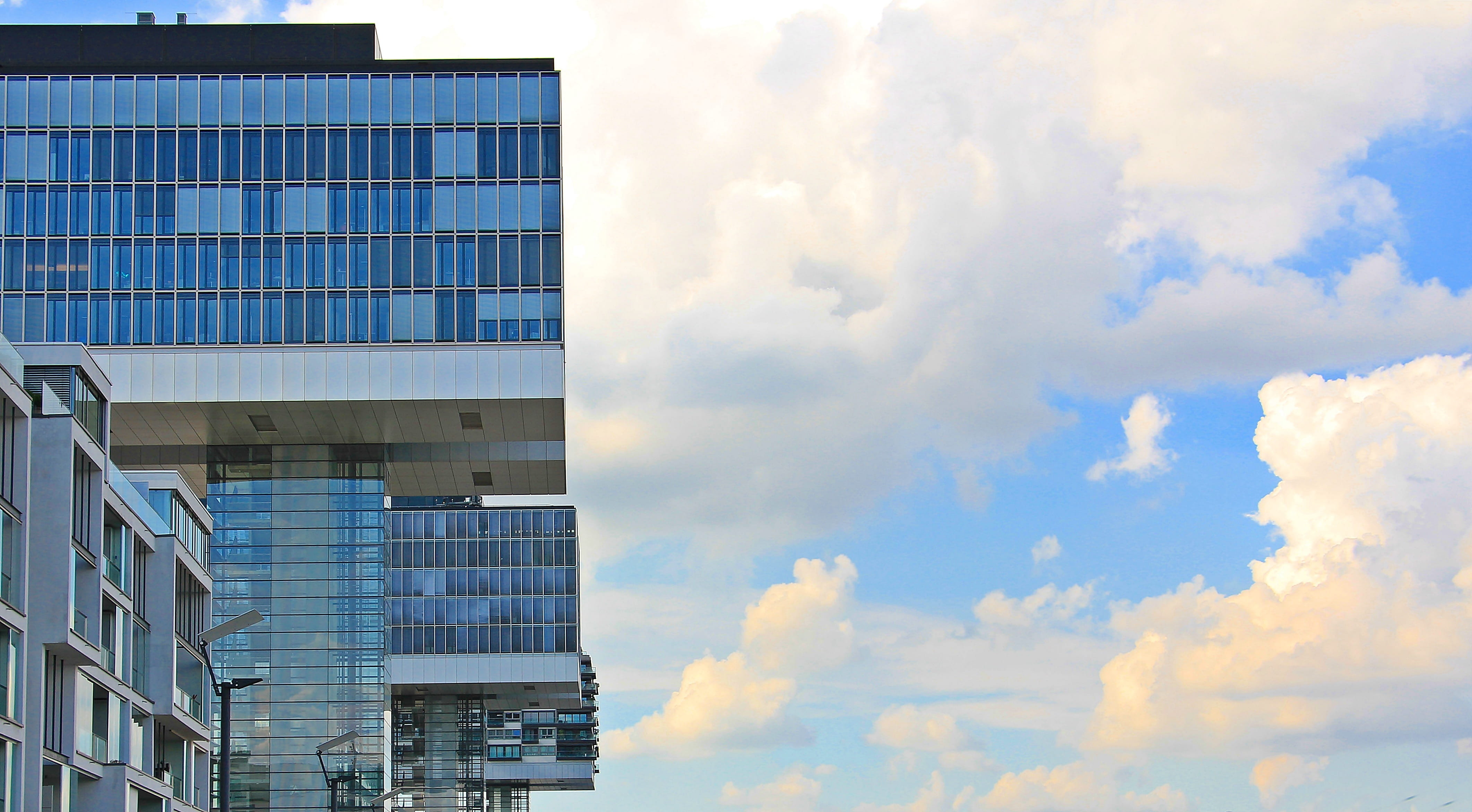 sky, window, reflection, day, city, business, office, rheinauhafen, side view, low angle view, rhine river, office buildings, high, tectonic concept, tourism, HD Wallpaper