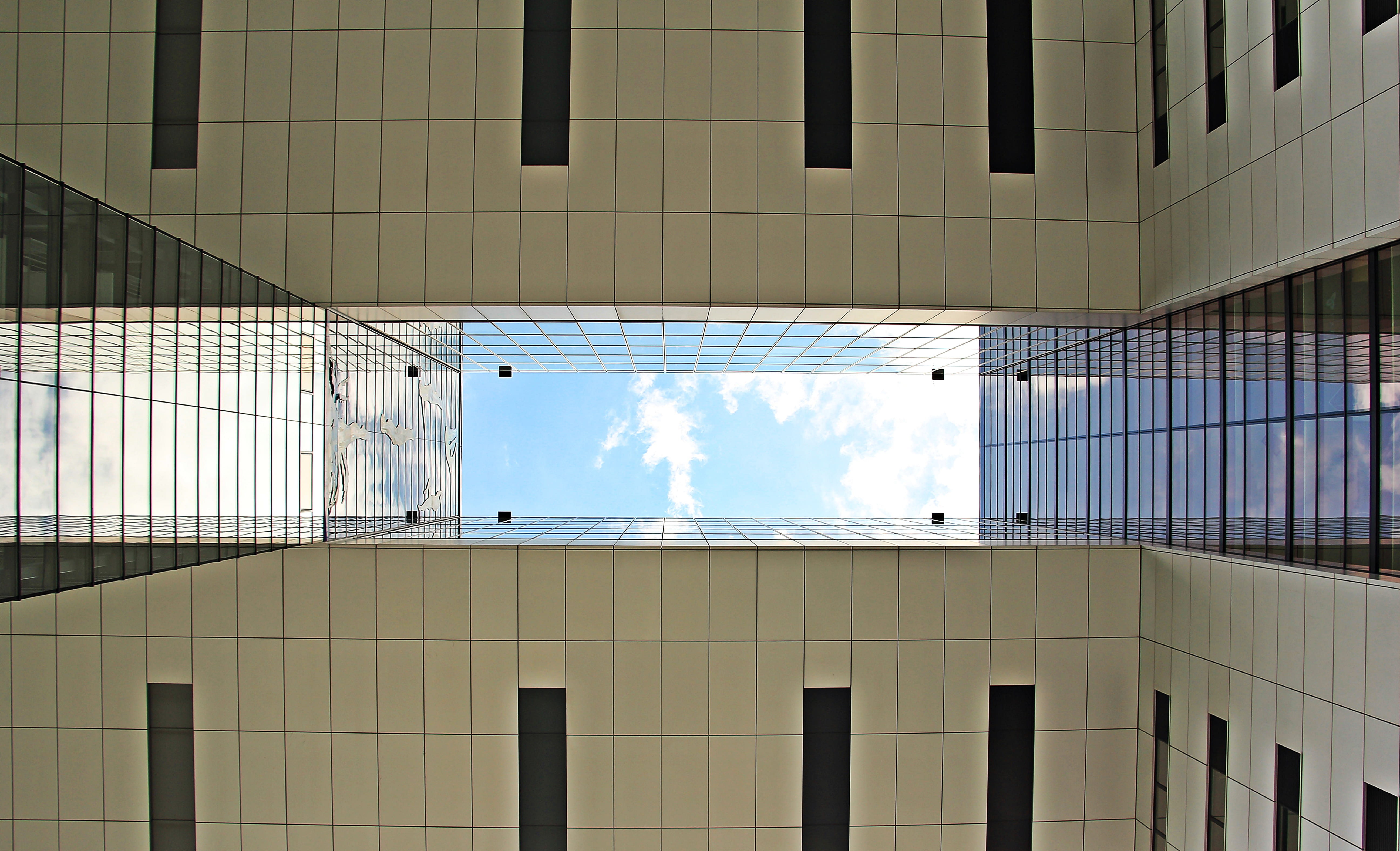 outdoors, sunlight, office, germany, modern architecture, 5K, black, steel truss structure, office building, ceiling, customs port, glass, panorama, residential buildings, HD Wallpaper